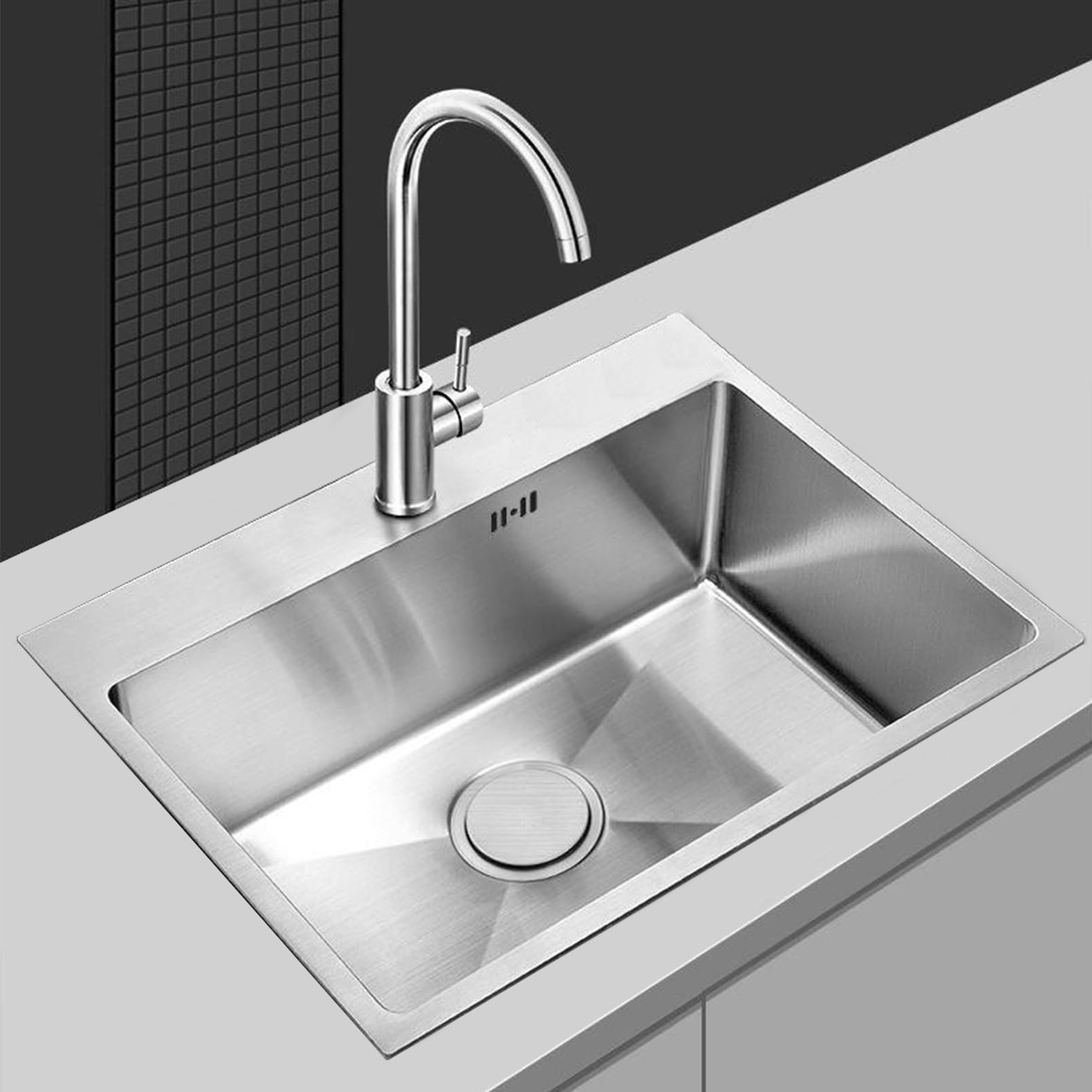 ZQFHSX Stainless Steel Sink Single Bowl Built-in Kitchen Hand Washing Basin Square with Tap Suitable for Bathroom, Restaurant and (60x45cm)