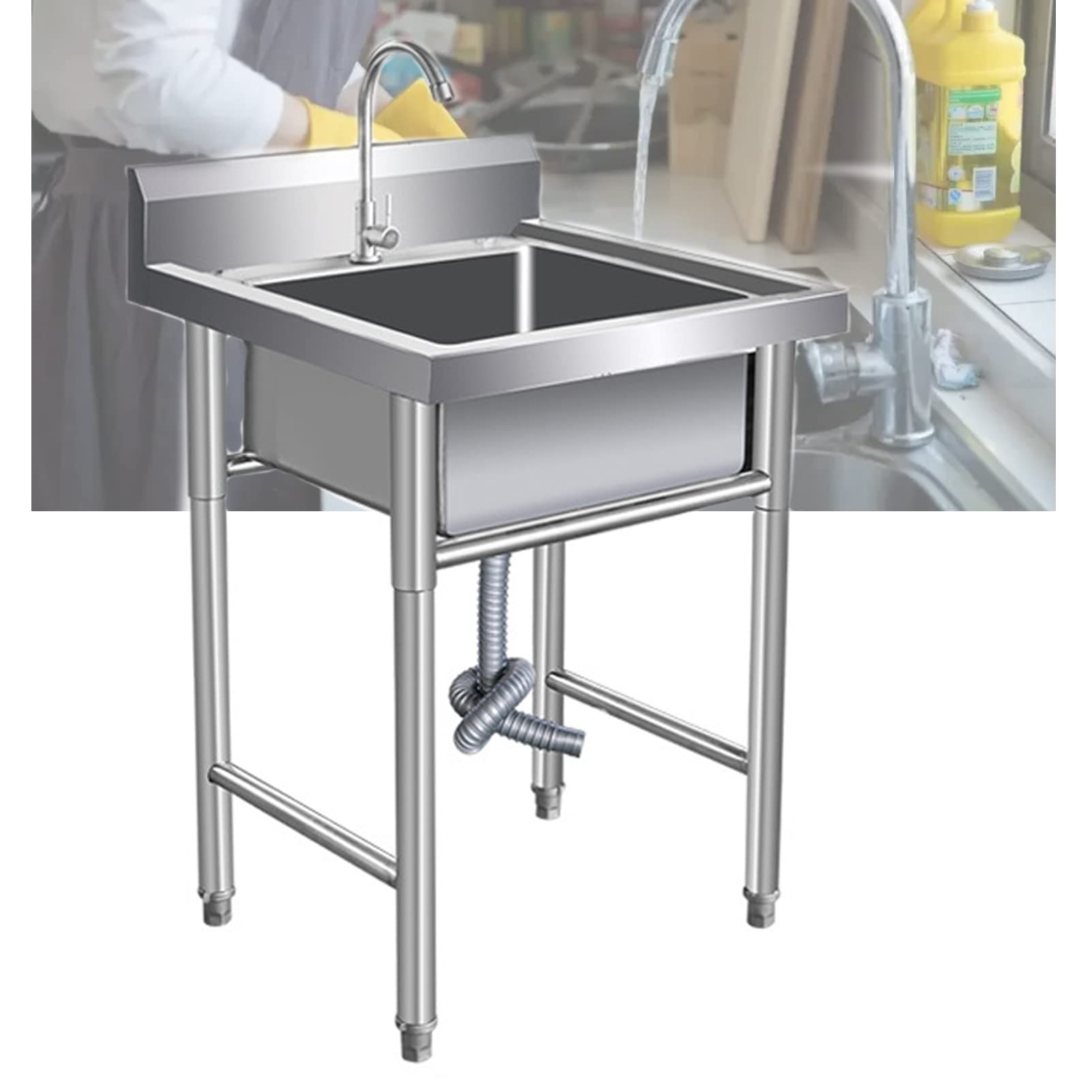 ZQFHSX 304 Stainless Steel Kitchen Sink Handmade 1 Compartment Utility Catering Unit for Bar Restaurant, with Tap, Drain (50cm/60cm)