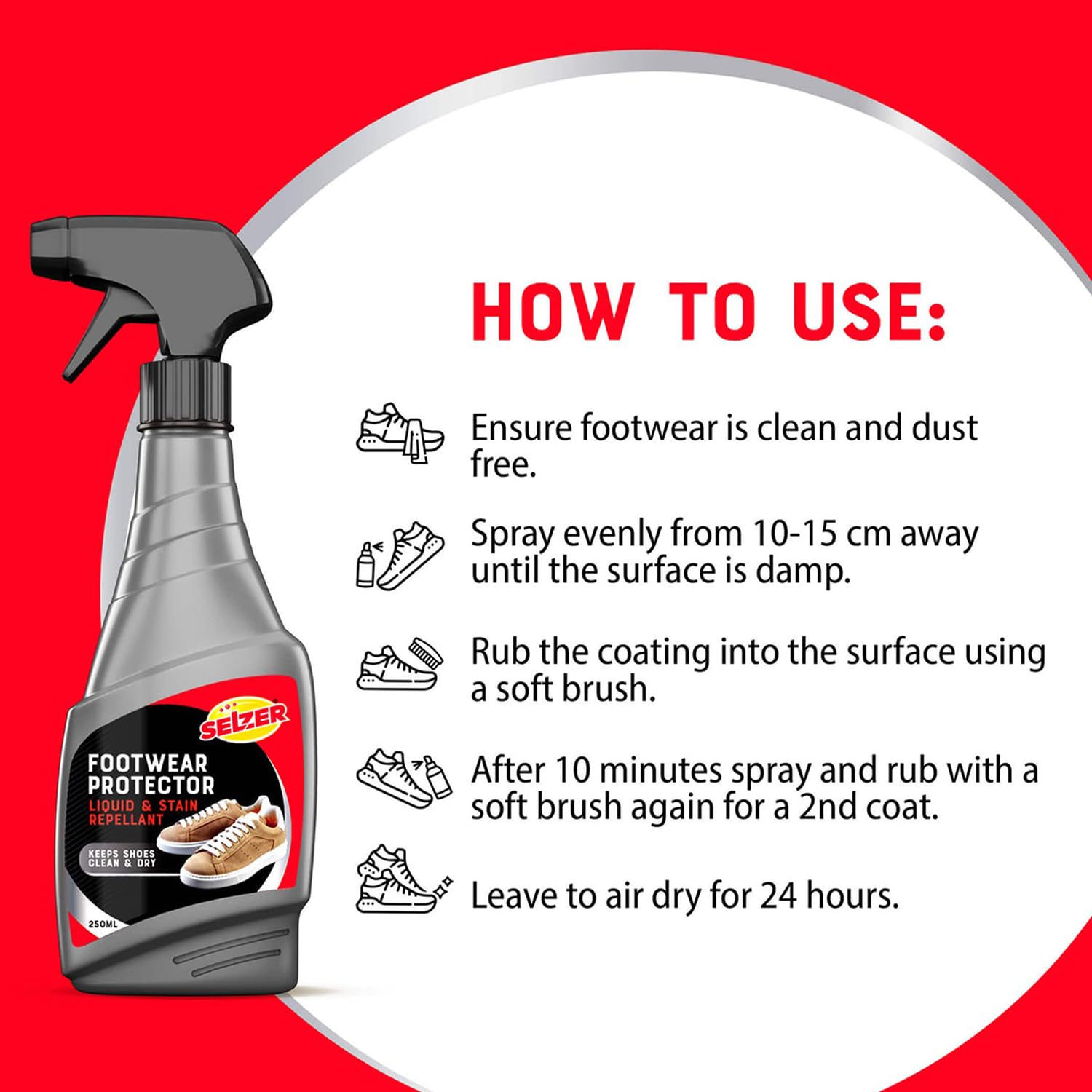 Selzer Footwear Protector, 250ml, Nanotechnology-Based Liquid, Stain Protection for Leather and Canvas Shoes, 1 Year Protection Black 1