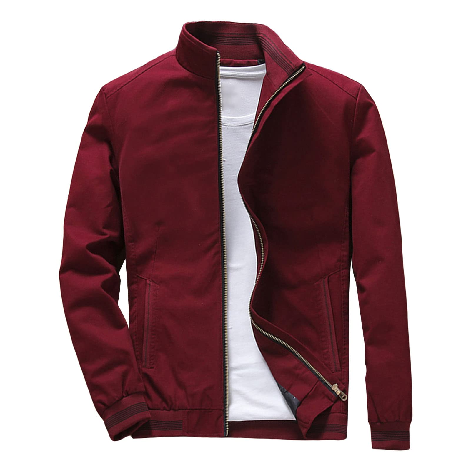 Maiyifu-GJ Men's Casual Washed Cotton Jacket Military Stand Collar Outdoor Windbreaker Lightweight Slim Fit Army Coat (Red Wine,X-Large)