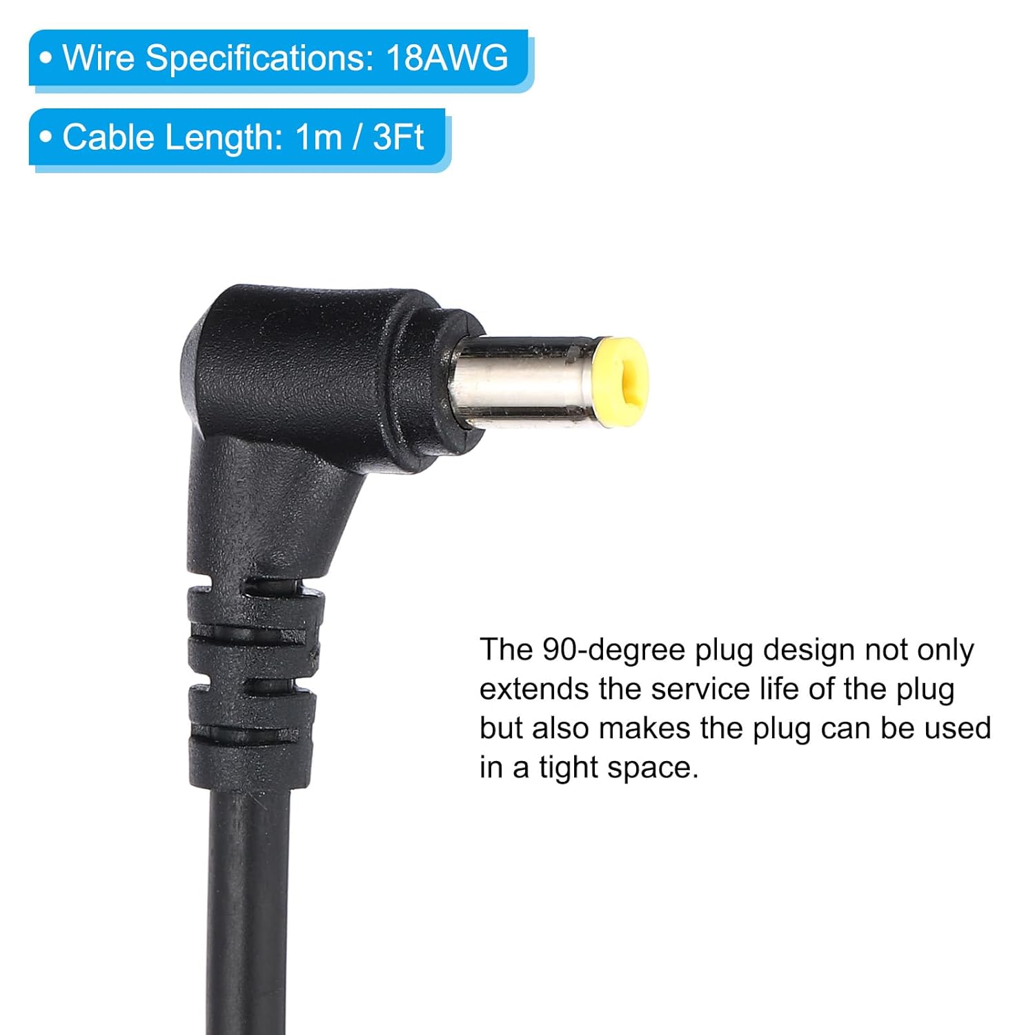 PATIKIL 3Ft 5.5mm x 2.5mm Male to Male DC Power Cable, 18AWG Wire Adapter 90 Degree Right Angle Extension Cord for LED Strip DVR Router Surveillance Camera