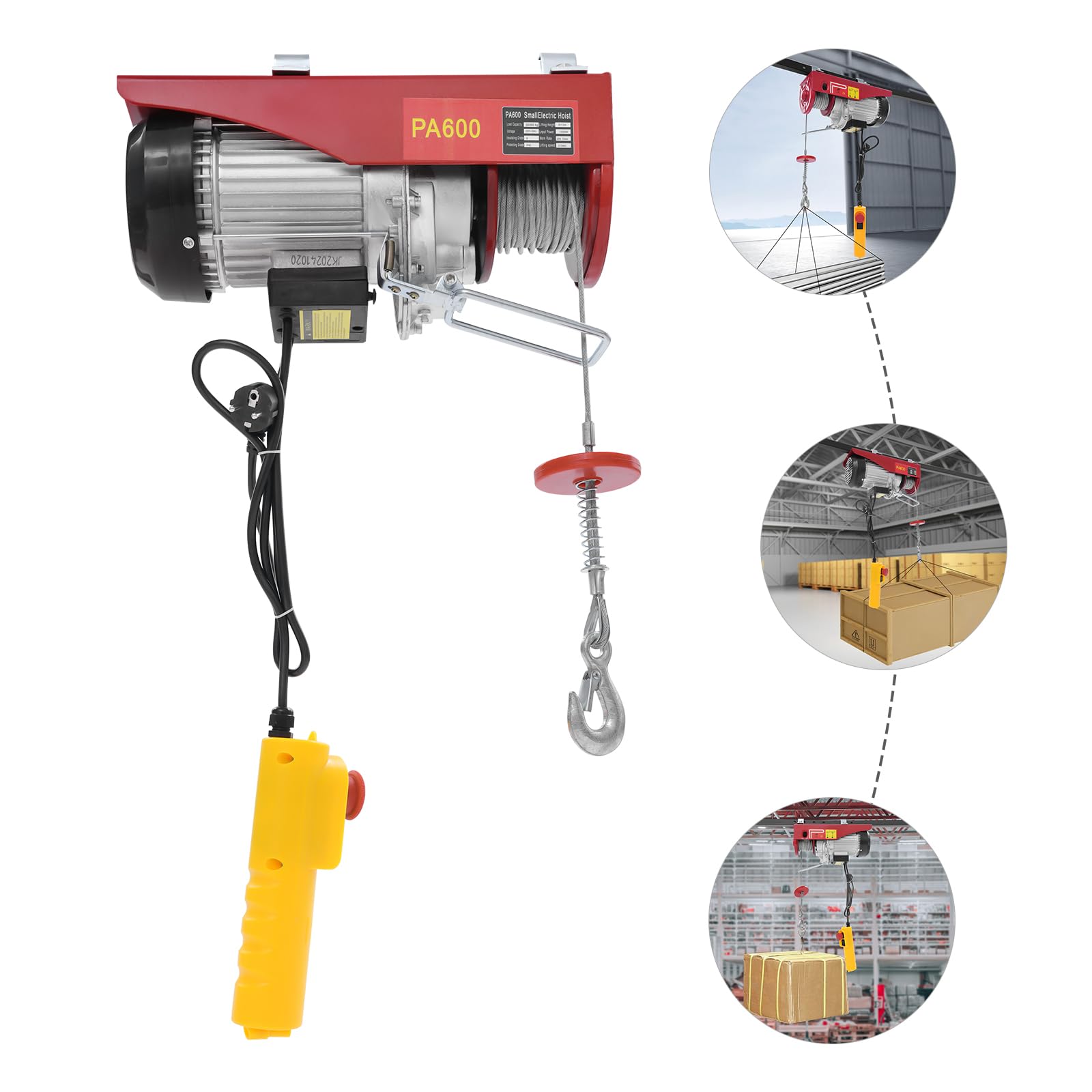 elektrische Seilwinde 220V, 300kg bis 600kg Hubhöhe 12m Seilzug Motorwinde mit Not-Aus, Einzel-/Doppelschlingen, Seilwinde Elektrisch für Industrie, Lager, Landwirtschaft