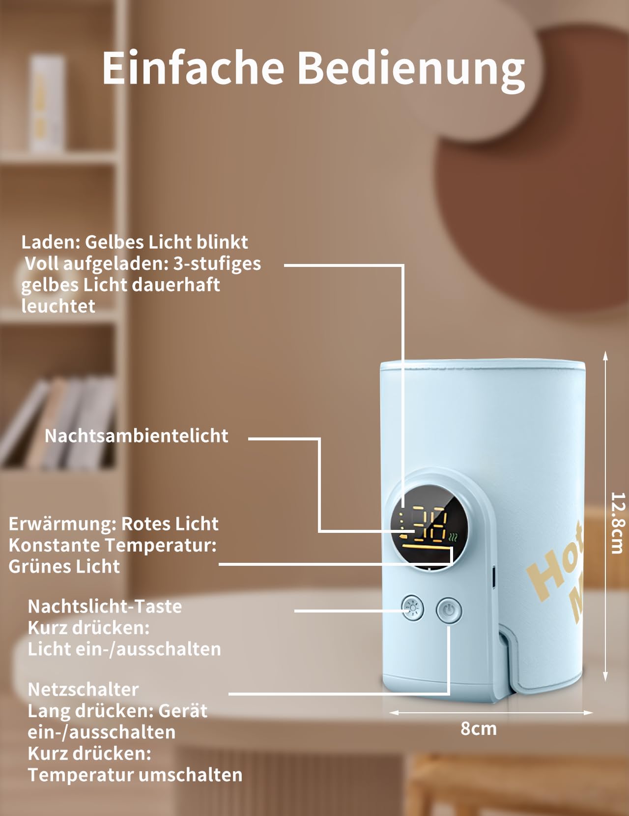 Flaschenwärmer Baby, Babyflaschenwärmer mit 8000mAh Akku, 6 Temperaturstufen 38-50℃, LED-Anzeige & Nachtlicht, Tragbarer Flaschenwärmer Baby USB-Ladefunktion für Unterwegs und Zuhause(Blau)