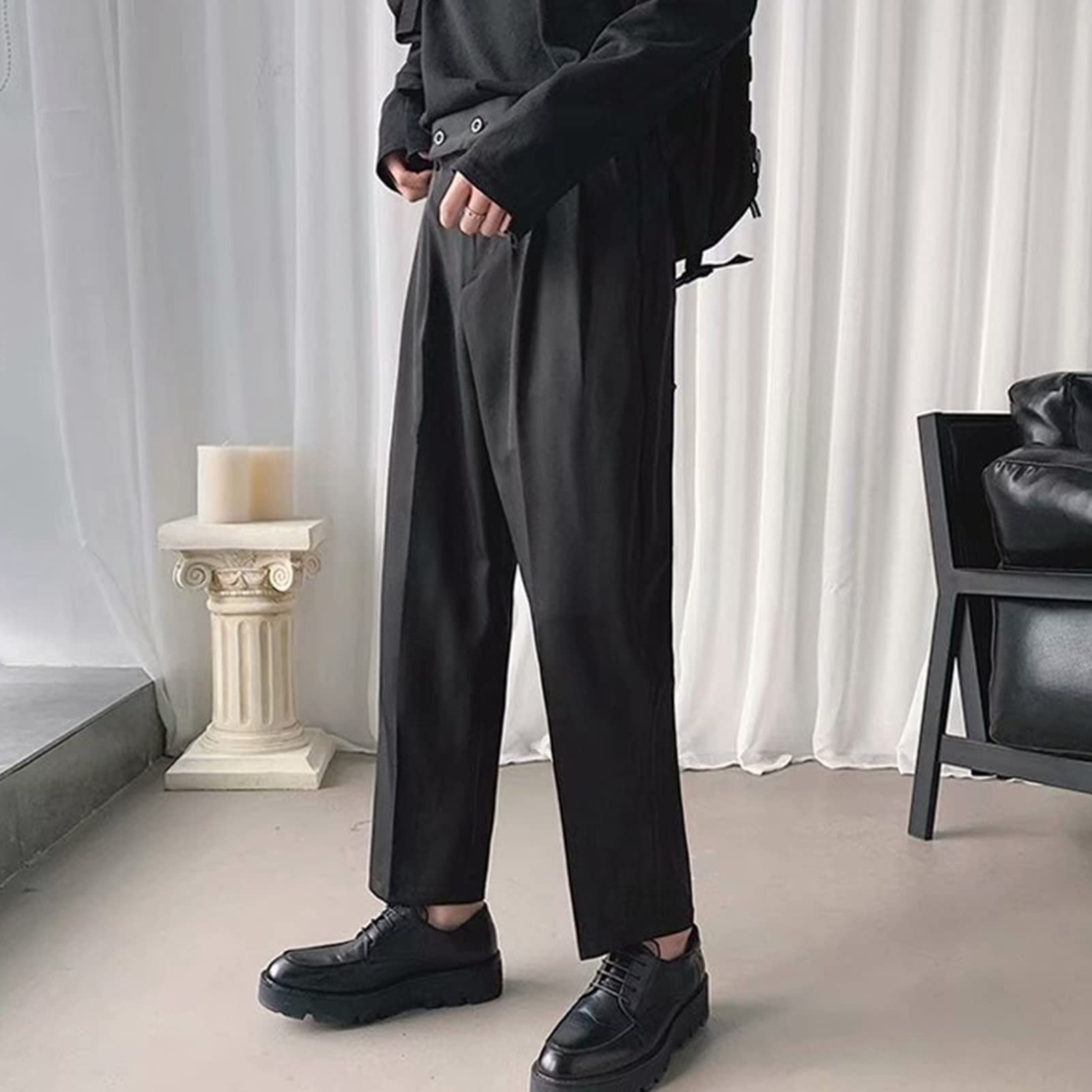 Men's Straight Fit Stretch Pant Classic Casual Wide Leg Suit Pant Solid Color Lightweight Business Trousers (Black,Large)