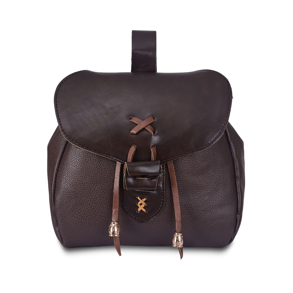 DUNHAO COSRenaissance Belt Pouch Medieval Costume Accessory Leather Drawstring Coin Purse LARP Waist Bag, Dark Brown, One Size