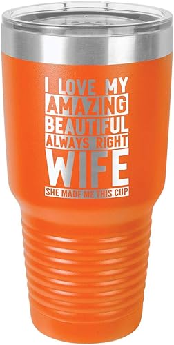 Vaso de bebida con popote y tapa superior deslizante con grabado láser, color naranja "I love my wife", de 30 onzas, ideal para regalar a papá para