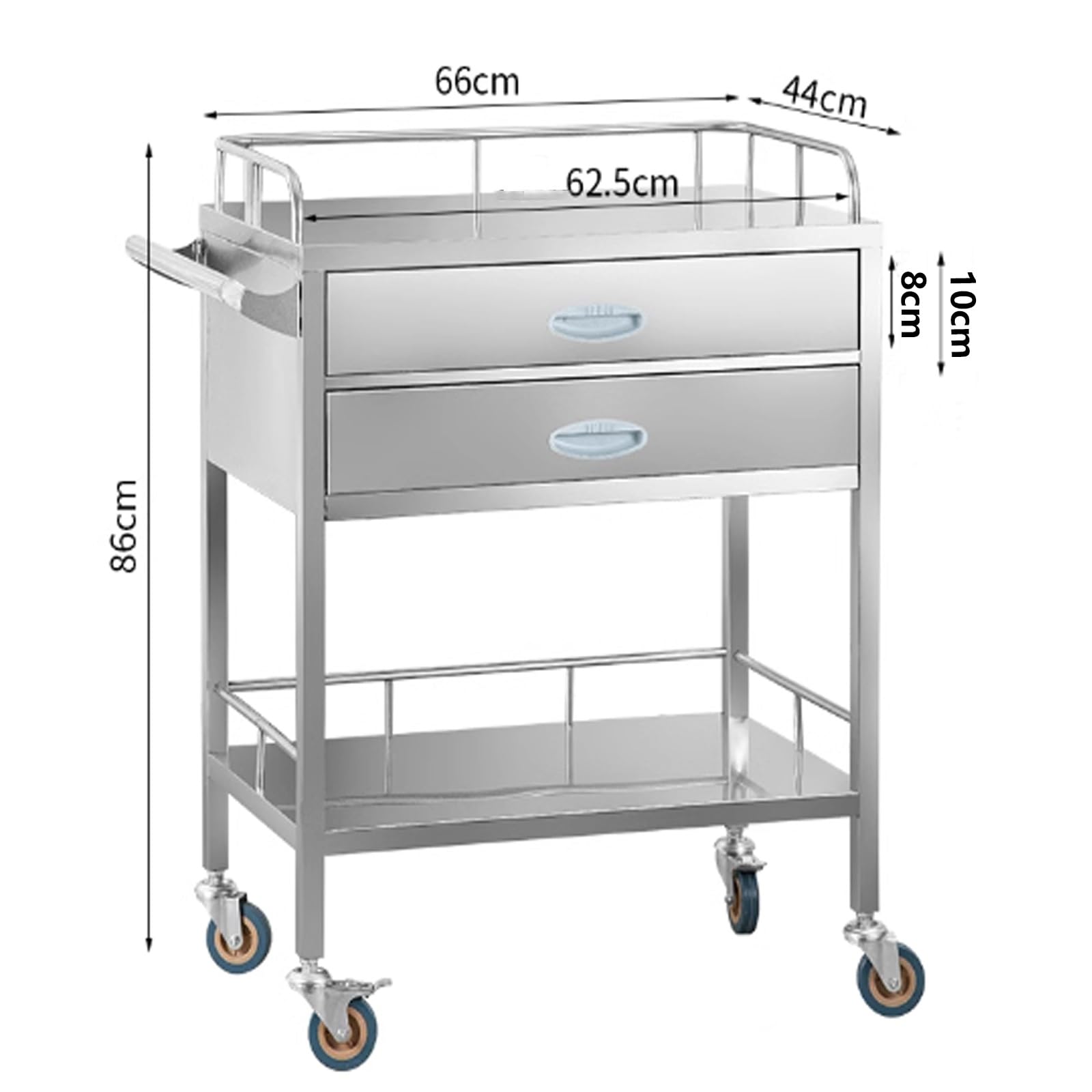 Chariot De Laboratoire en Acier Inoxydable, Chariot Médical 2 Couches 2 Tiroirs, Chariot De Chirurgie Médicale Dentaire, Chariot De Service Portable sur roulettes
