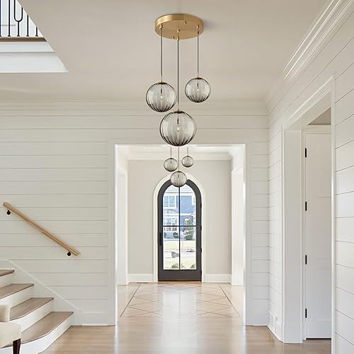 Miniatura 5 de Lámpara colgante de KCO Lighting Moderna de Oro con 3 Luces, Clúster de Globo de Vidrio Ahumado Grande, Lámpara de Araña de Latón Cepillo para Isla