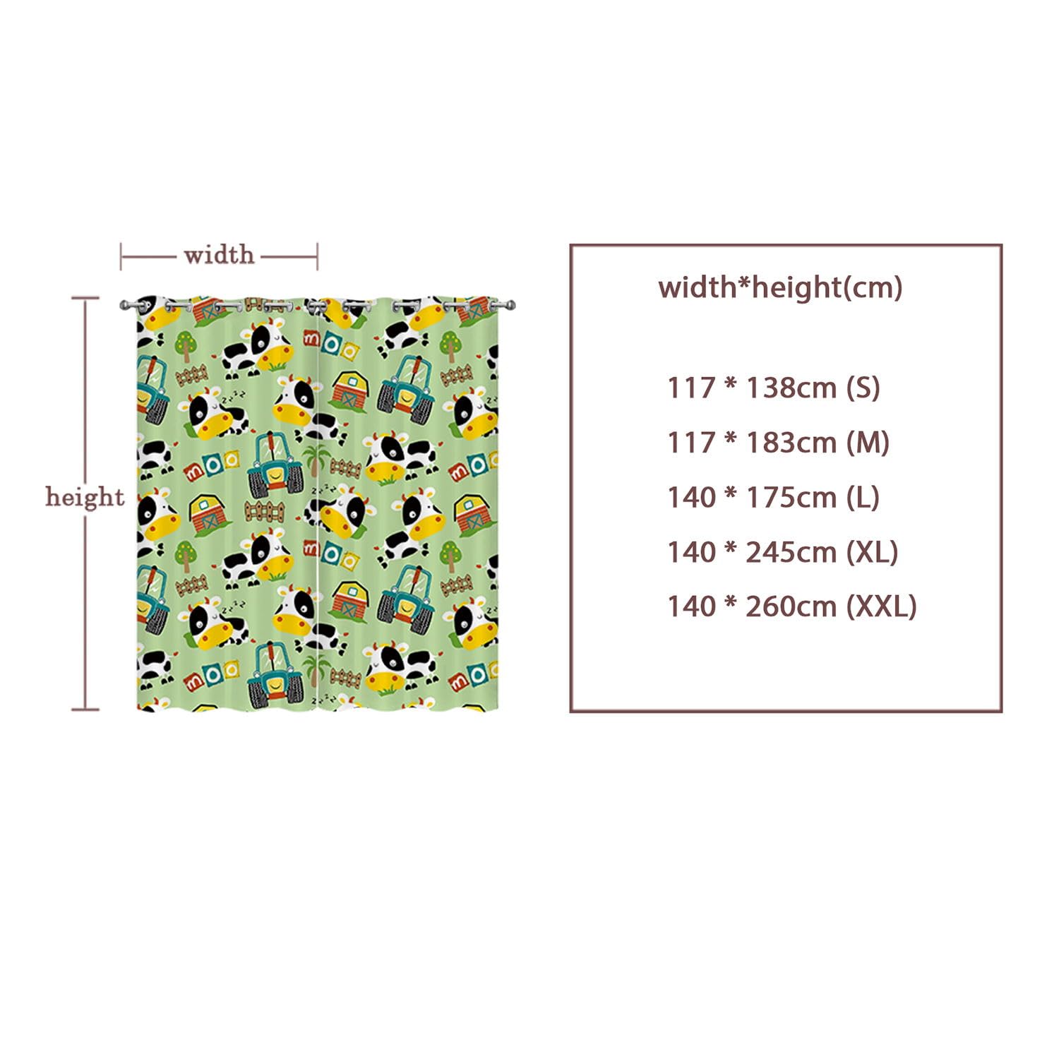 HOSIMA Ösenvorhänge Set Mit 2 Vorhängen - Niedlicher Cartoon-Kuh-Aufdruck für Kinder, Teenagerzimmer (XL)