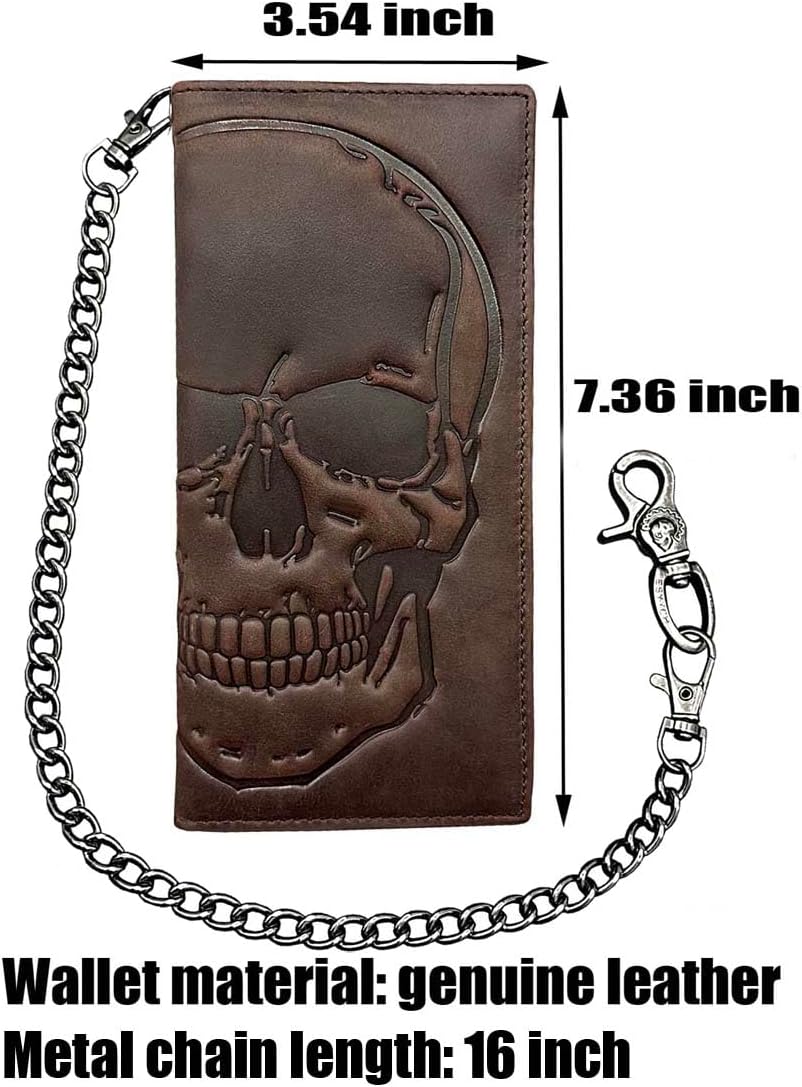 Skull Long Bifold Wallet for Men Full Grain Cowhide Genuine Leather Biker Wallet with Chain, RFID-Blocking, Brown