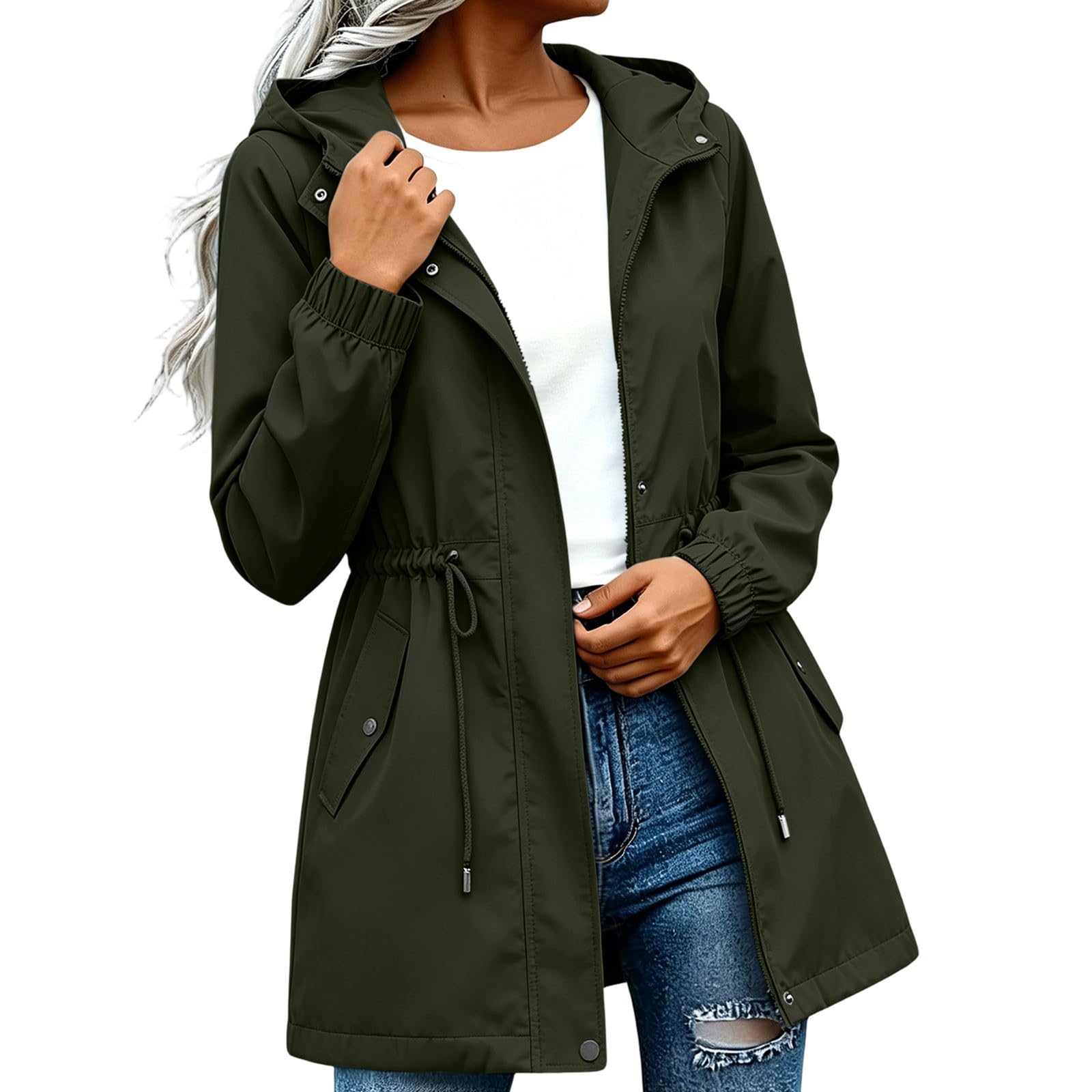 Znwerma Women's #A-Army Green Raincoats Waterproof Waterproof Jacket Lightweight Jackets With Hood 2026 Windbreaker Rain Coat With Pockets Casual Long Sleeve Full Zip Raincoat Breathable Hiking Walking Coat