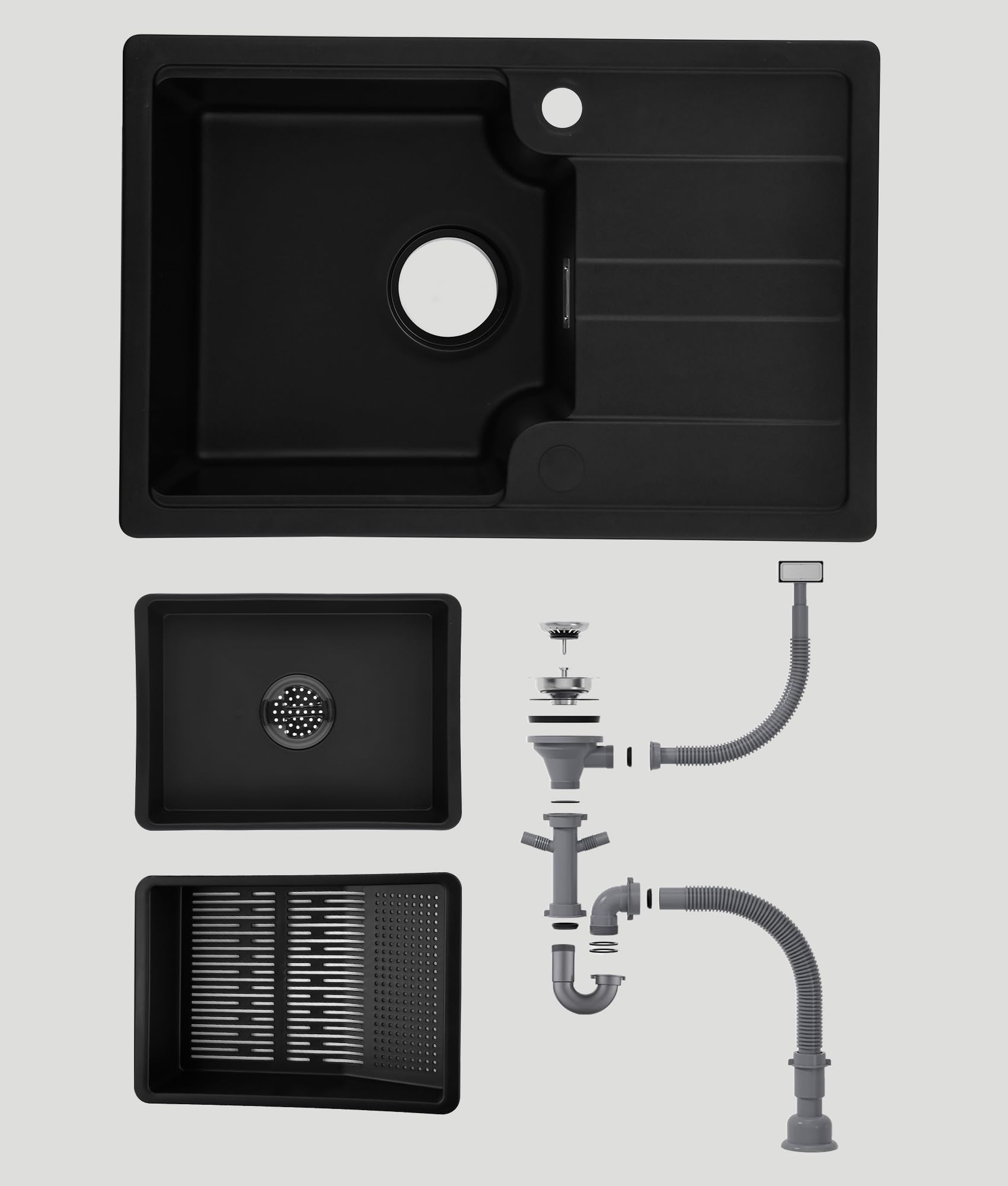 Fregadero Cocina Negro de Granito,Fregadero Cocina 1 Seno con Escurridor 65x43cm,Cesta de Escurrido + Fregadero Interior Adicional + Accesorios de Desagüe,Apto para Muebles Bajos desde 40cm de Ancho
