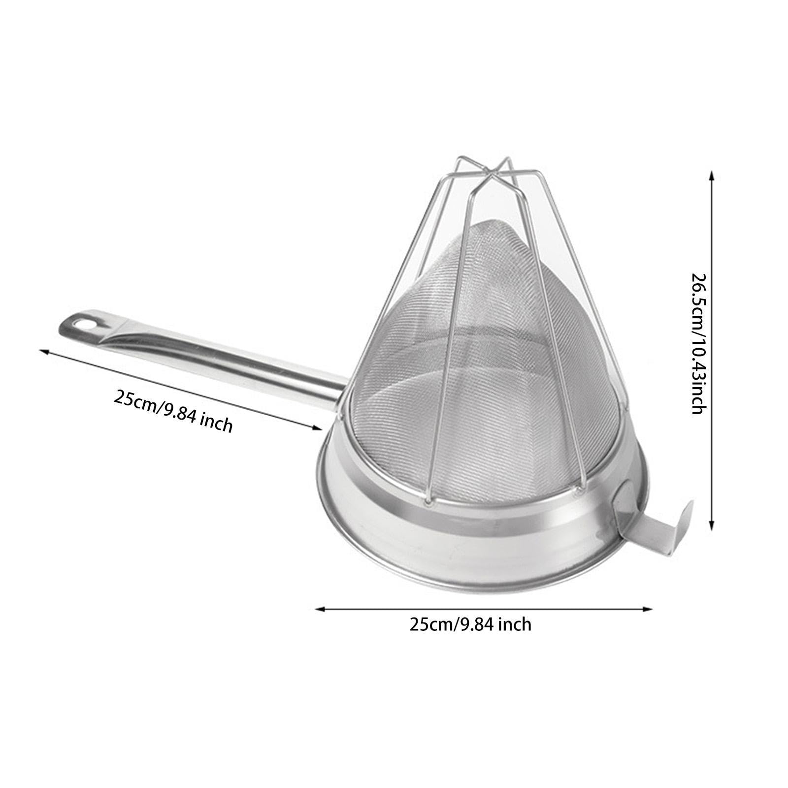 Tamiz de malla fina con mango largo, con soporte, con base, cesta de filtro de cocina, embudo de filtro estable para harina, zumo, azúcar (25 cm)
