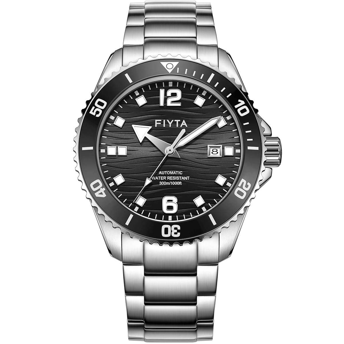 FIYTA Orologio subacqueo da uomo serie Ocean, automatico, indicatori luminosi, lunetta girevole, resistente all'acqua 300 m, 43,4 mm, Quadrante nero/acciaio, Stile subacqueo