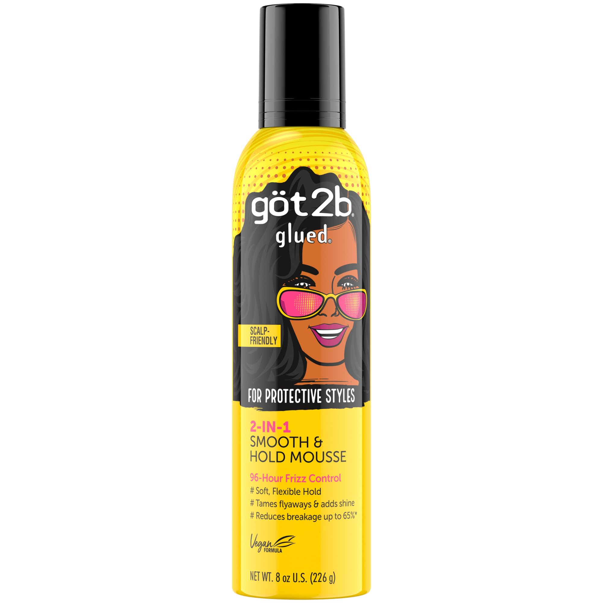 Got2b Glued 2-in-1 Smooth & Hold Hair Mousse, 8 Fl Oz, 96 Hour Frizz Control & Soft Flexible Hold for Wigs, Braids and Curls, No Stickiness and Residue, Formulated with Castor Oil & Provitamin B5
