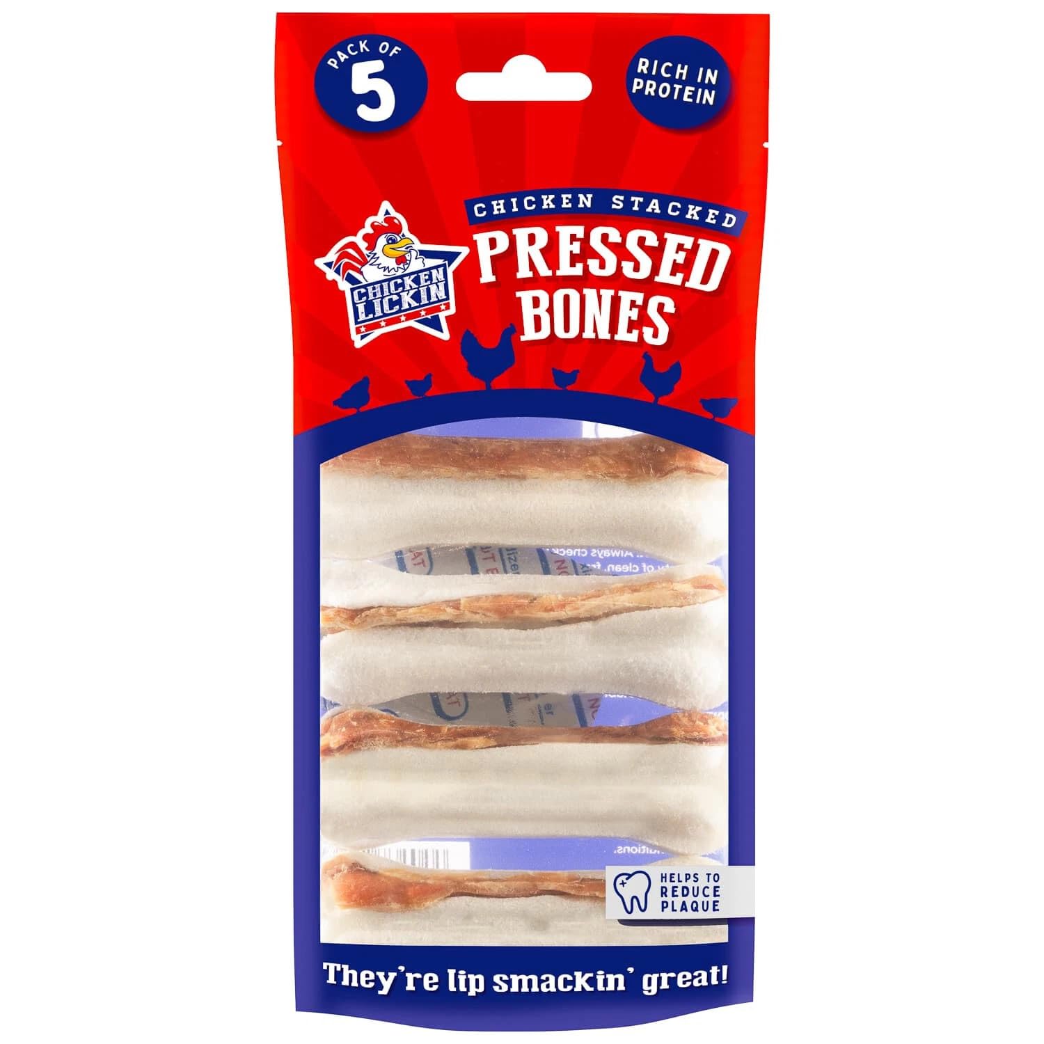 Chicken Lickin' Chicken Stacked Pressed Bones Dog Treats 5Pk – 110g - Made with Real Chicken, High in Protein, Helps Reduce Plaque, Perfect for Small Dogs