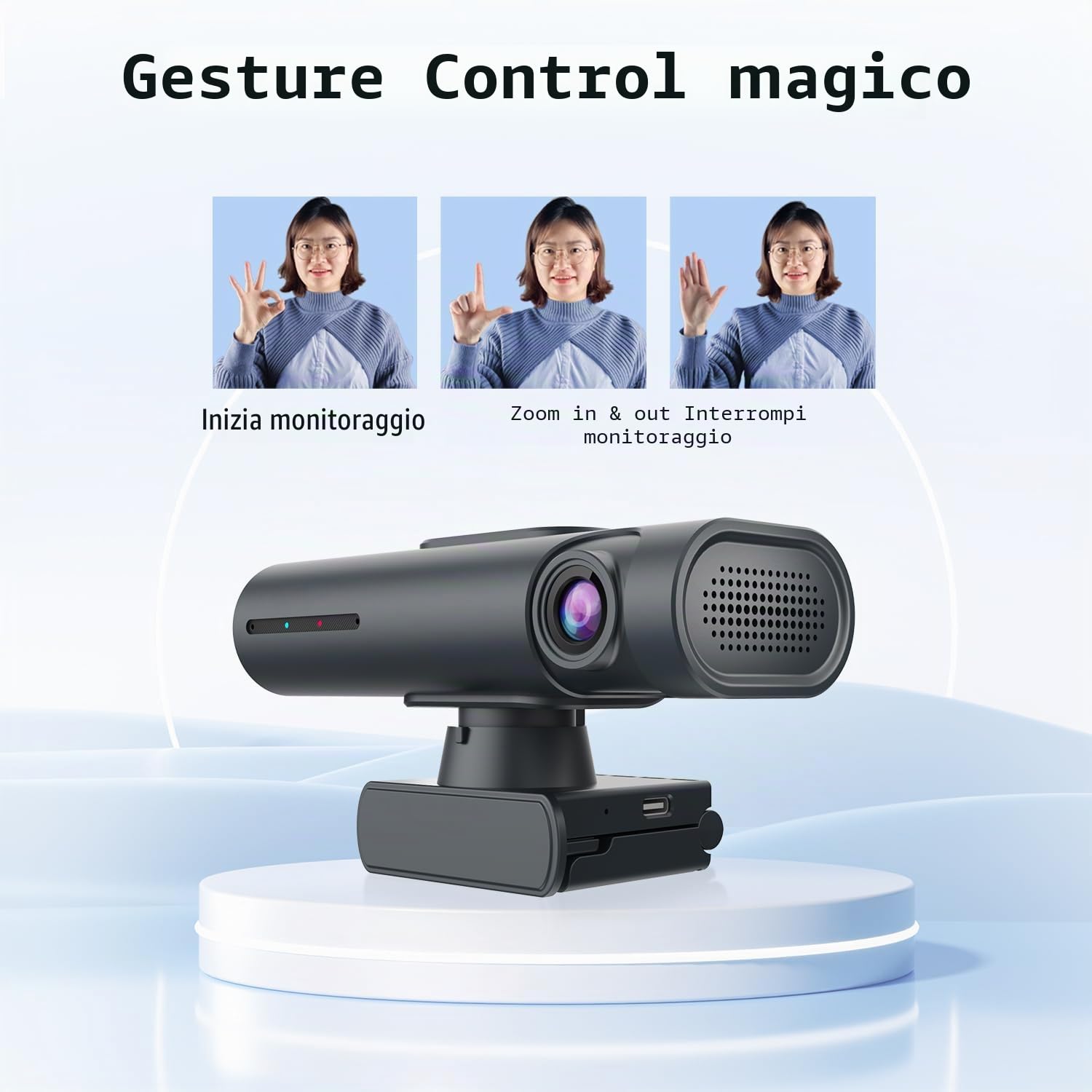 TOALLIN Webcam streaming 2K per PC, telecamera streaming PTZ con tracciamento AI, controllo gestuale, doppi microfoni con cancellazione del rumore integrati, webcam USB per conferenze, videochiamate