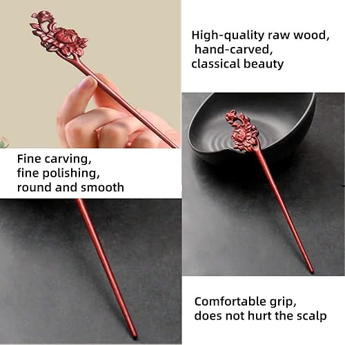 Miniatura 6 de CHOISBEING Palillos de pelo tallados para mujer, 7.08 pulgadas, horquilla de madera china para cabello largo, palillos para moños, tenedor de peonía
