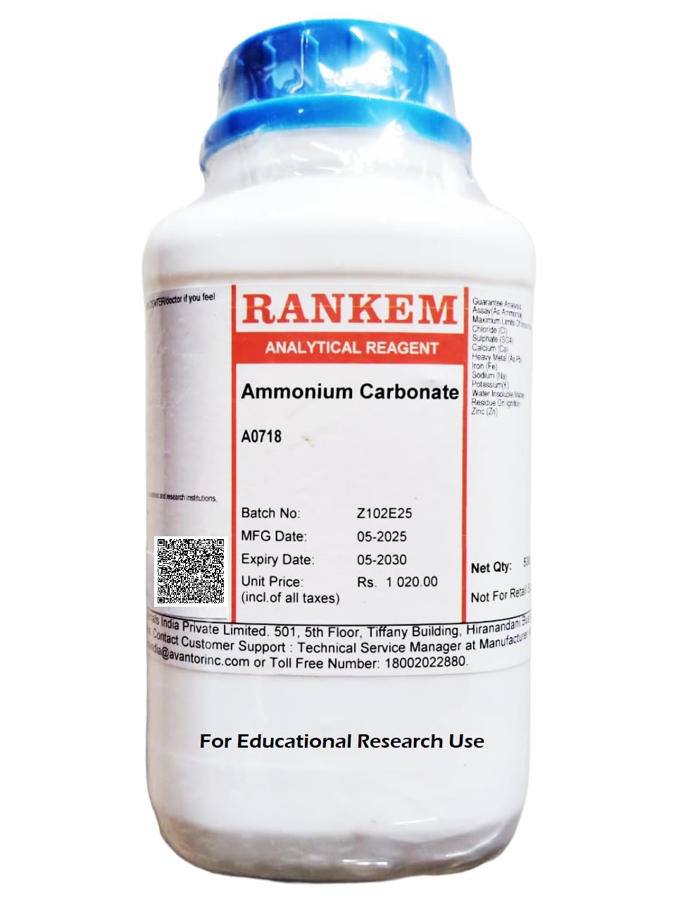 Rankem Ammonium Carbonate AR Grade, 500Gm, CAS NO 8000-73-5, Molecular Formula: NH4HCO3.NH2COONH4, Storage : Room Temperature, Shelf Life : 60 Months for laboratory and industrial use-image-6