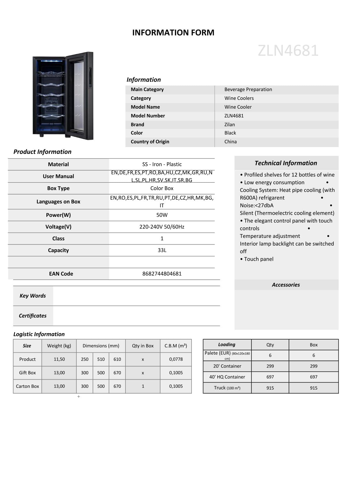 Zilan Refrigerador para vino, independiente, silencioso, 12 botellas, 33 litros, luces LED, enfriador de vino, armario pequeño con clima de vino, mini nevera, minibar con puerta de cristal