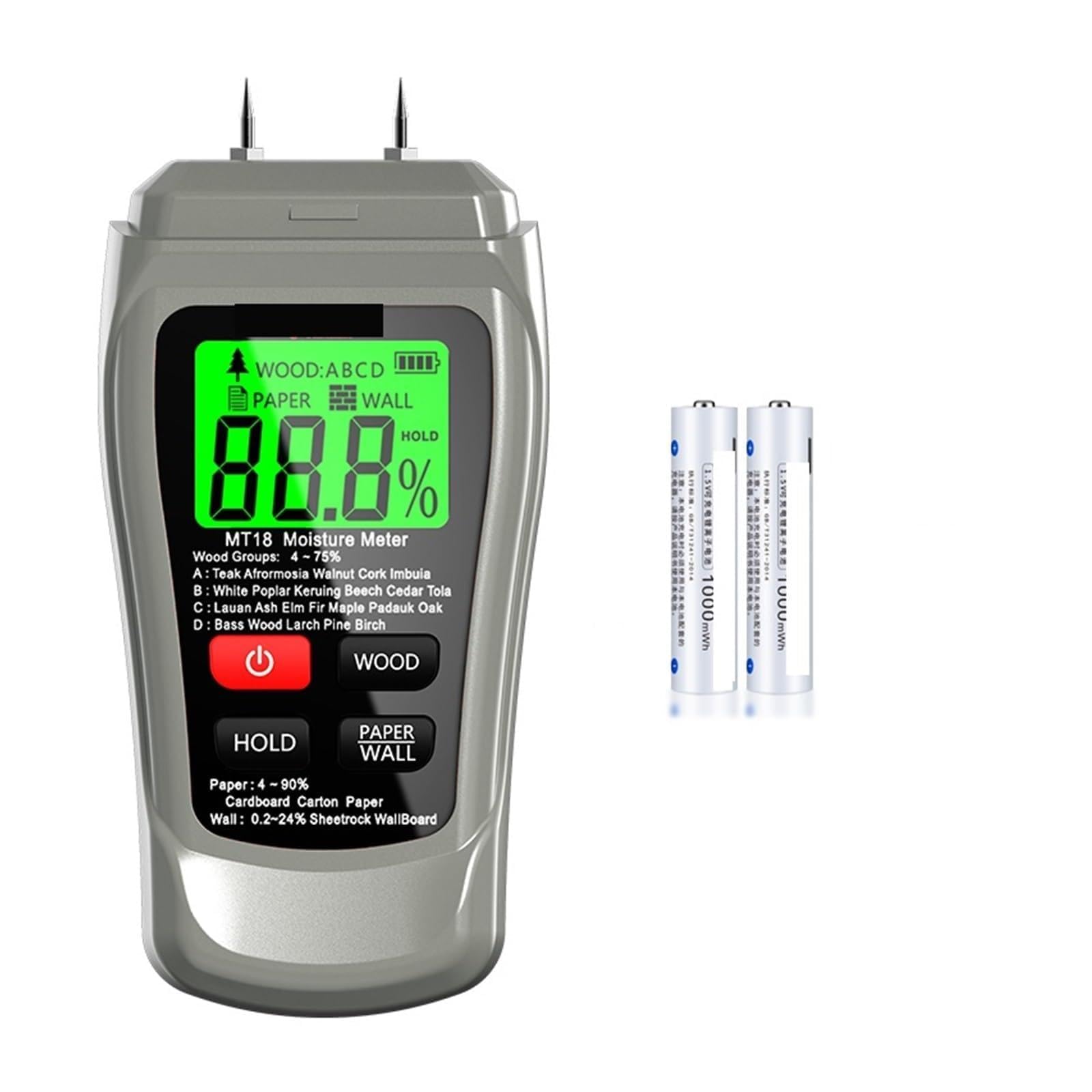 Mnmioio Grey With Battery Digital Moisture Tester, Mt-18 Grey 0-99.9% Two Pins Digital Wood Moisture Meter Paper Humidity Tester Wall Hygrometer Timber Damp Detector(Grey With Battery)