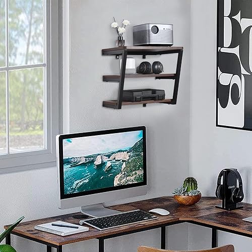 Miniatura 8 de LUCKUP Estantes flotantes de pared para proyector de madera AVMedia Stand con 3 estantes, centro de entretenimiento con marco de acero de metal