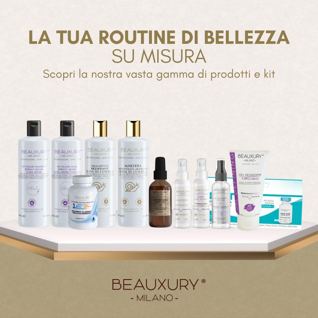 Beauxury Milano Kit Luxury Premium Professionale Shampoo, Maschera, Leave-in, Setificante e Spazzola Brush con Bava di Lumaca Ideale per Capelli Danneggiati da Tintura e Decolorazione.