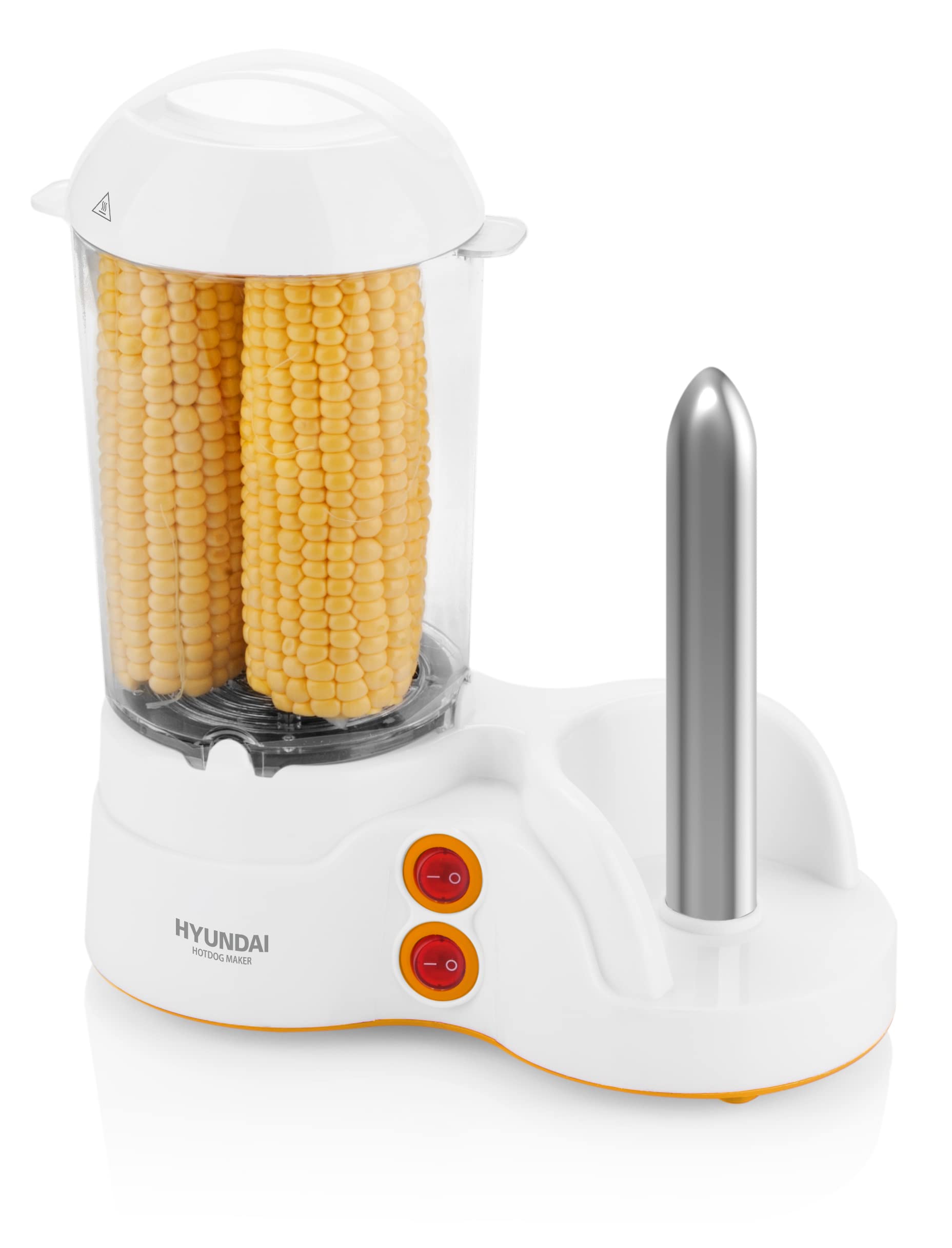 HYUNDAI Hot-Dog-Maker HDM 110 I 1-12 Würstchen I 1-6 Eier I Maiskolben kompatibel I Dorn zum erhitzen von Brötchen I Kleiner Helfer für Wiener, Eier und Mais