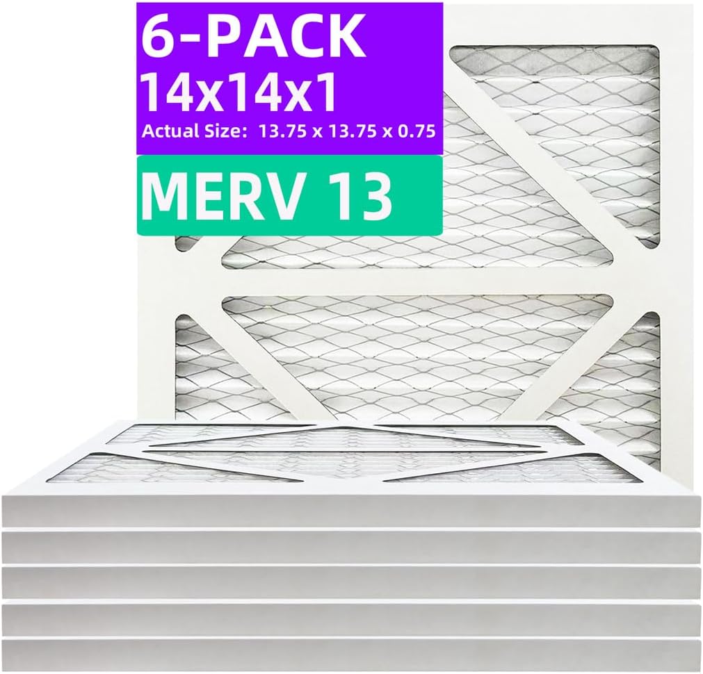 14x14x1 MERV 13 (6-Pack) Pleated Air Filter (Actual Size: 13.75"x13.75"x0.75") MPR 1900 & FPR 10, Furnace Air Filters