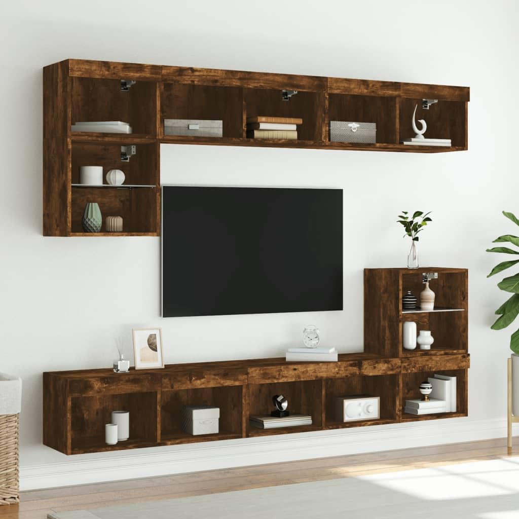 Juego de 2 armarios de TV con luces LED, roble ahumado, 80 x 30 x 30 cm, montaje en pared, centro de entretenimiento para salón