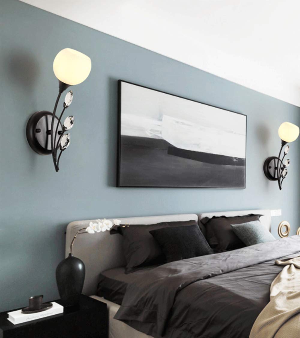 Wandleuchte Nordic Postmodern Wandlampe Eisen Wandlicht Schwarz lampe schlafzimmer Wandleuchten Weiß Glaslampenschirm Wandbeleuchtung Kristall 1 flamme G9*1 Wohnzimmer