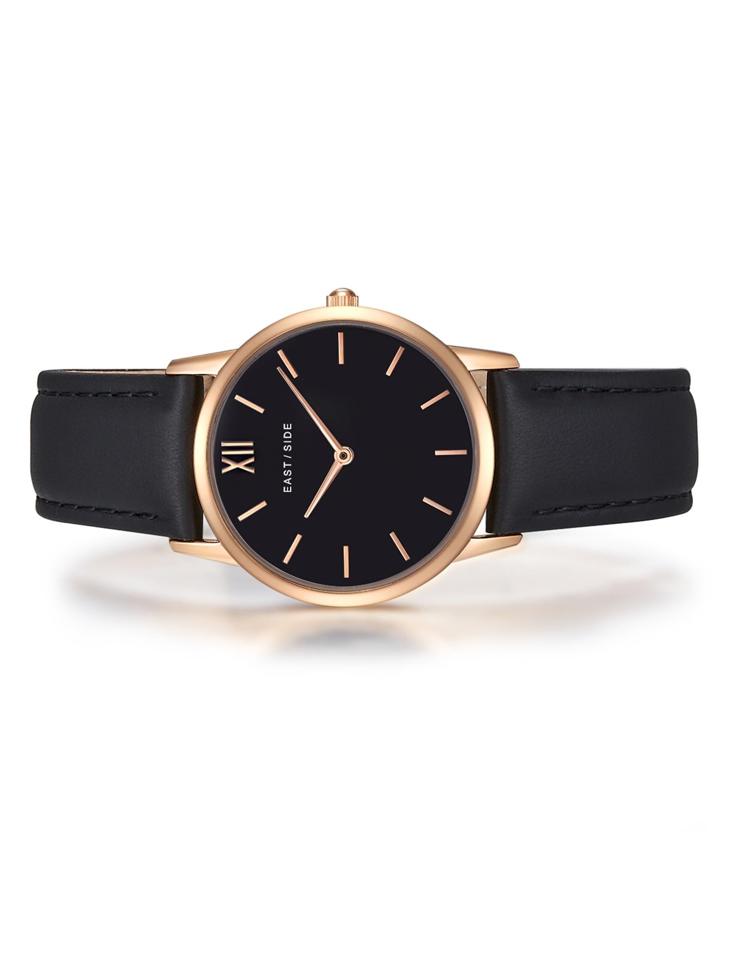 Eastside Damen Uhr Roségold mit Echtleder Armband Schwarz 3 ATM Quarzwerk | analog,Mineralglas,Strichindizes,Schwert-Zeiger,Armbanduhr,Fashionuhr,10080023