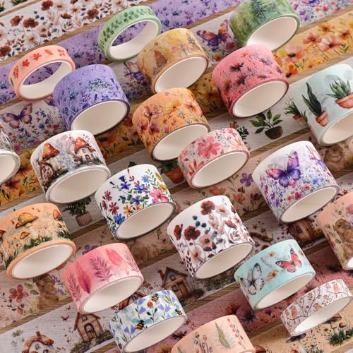 Image of PAGEMORE 27 Rolls Vintage Washi Tape Set, Floral Butterfly Forest Mushroom Botanical Flower Writable Decorative Tapes for Scrapbooking, Junk Journal Supplies, Bullet Journaling 9.84ft Long /Roll