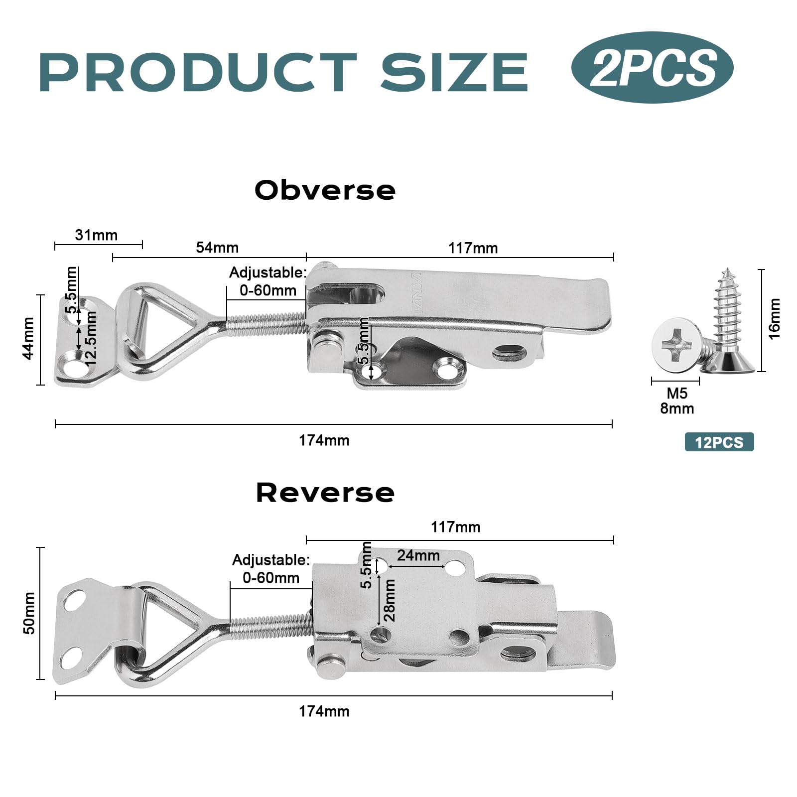 EXLECO 2 x Stainless Steel Tensioner Lock Max.50 x 174mm, Load Capacity 17 KN Toggle Lever Tensioner, Adjustable 60 mm - Image 2