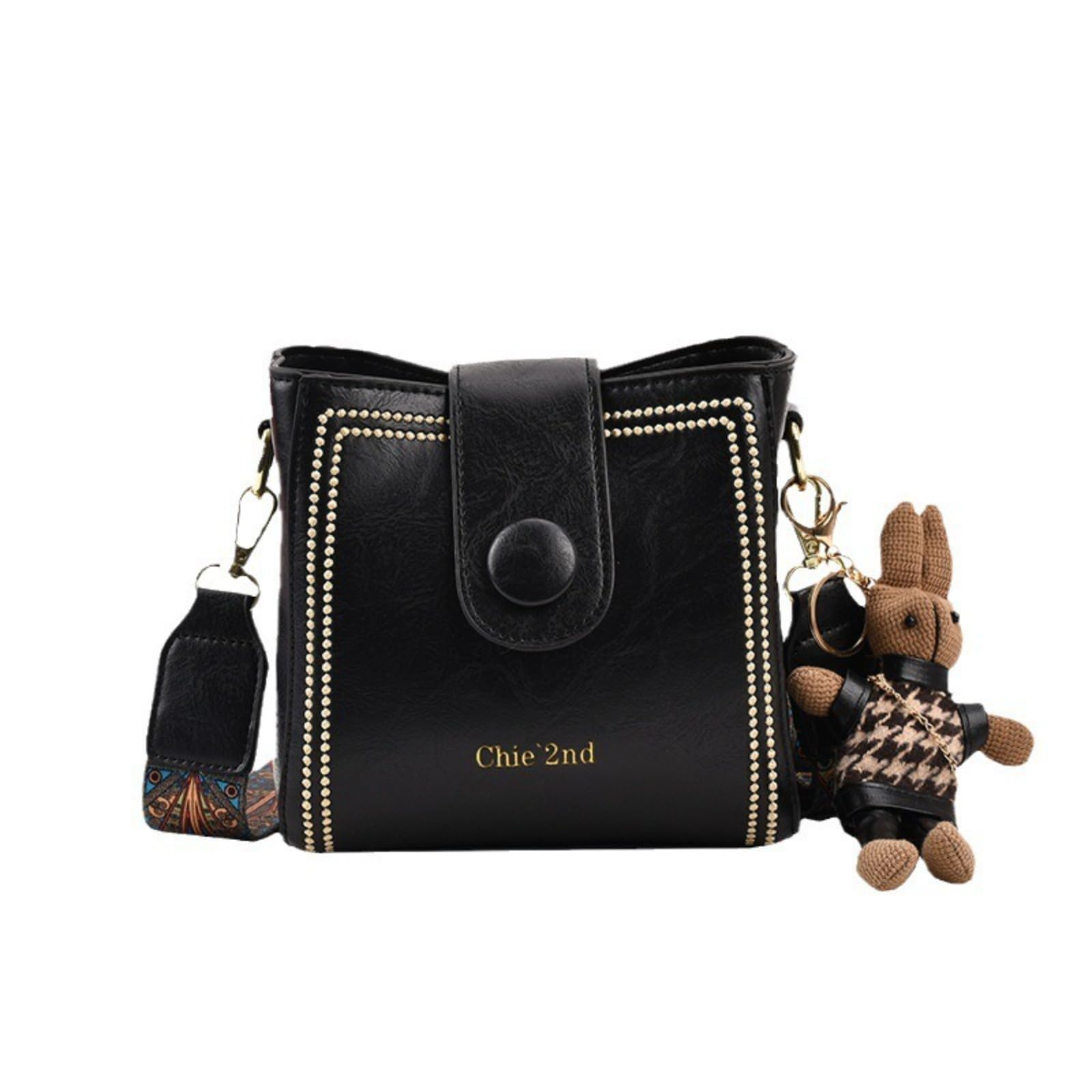 Bucket Bag, Vintage Crossbody Bag with Adjustable Wider Shoulder Strap, Spacious Travel Tote with Cute Rabbit Pendant