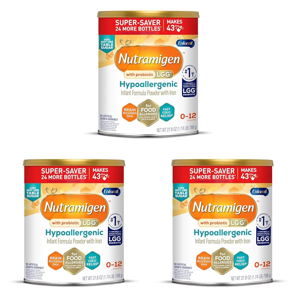 Enfamil Nutramigen Hypoallergenic Baby Formula with Iron, Lactose Free, Colic Relief from Cow's Milk Allergy Starts in 24 Hours, Brain Building DHA, Probiotic LGG for Immune Support, 27.8 Oz Can 27.8 Ounce (Pack of 3)