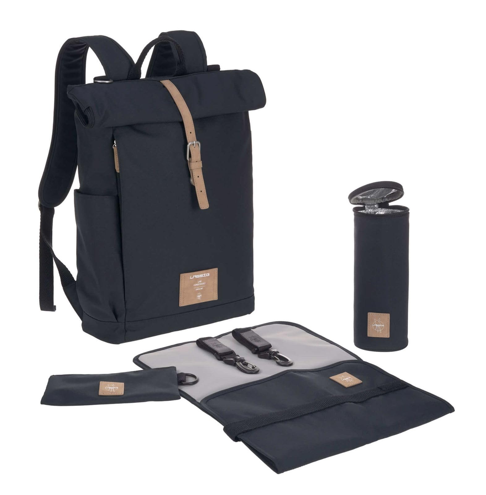 LÄSSIG Wickeltasche, Wickelunterlage, Kinderwagenbefestigung, Flaschenhalter nachhaltig produziert/GRE Rolltop Backpack, Blau (Night Blue)