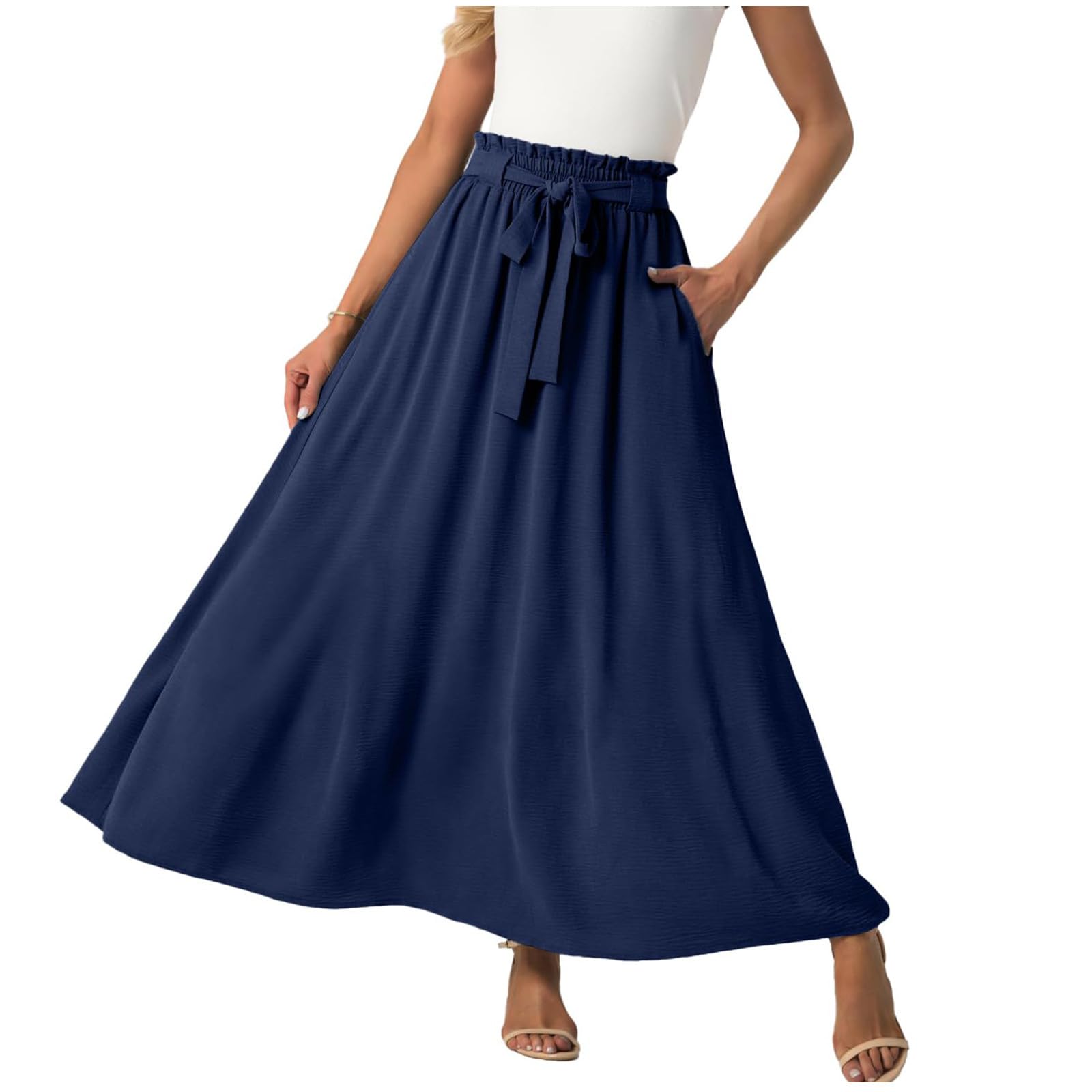 Women Maxi Skirt Long Flowy Pleated High Waisted with Pockets Waist Tie Casual Elastic Waist A-Line Skirts