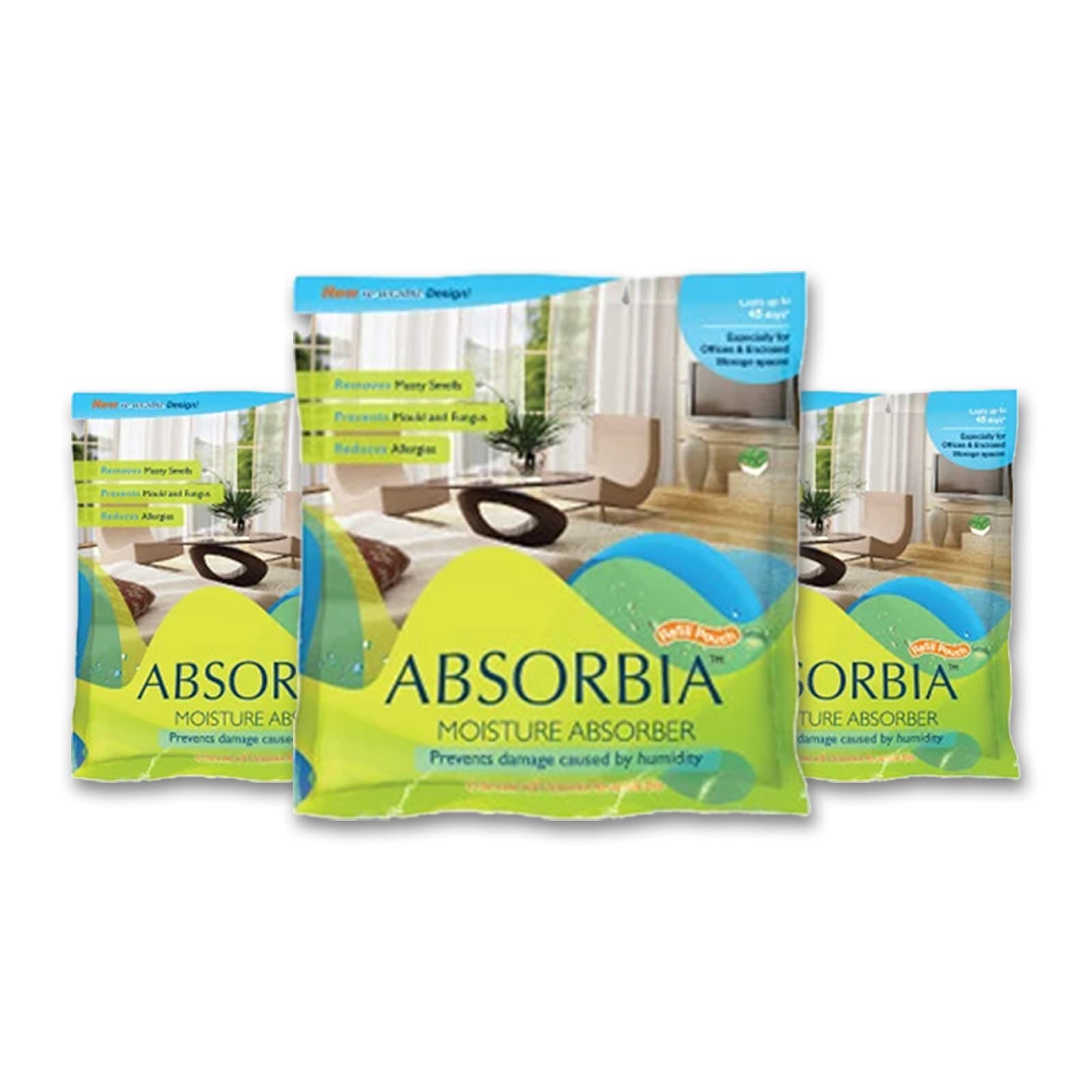 Absorbia Moisture Absorber | Absorbia Refill Pouch for Reusable Box - Pack of 3 X 3 (800ml Each) | Dehumidifier for Larger Areas Rooms| Fights Against Moisture, Mould, Fungus Musty Smells