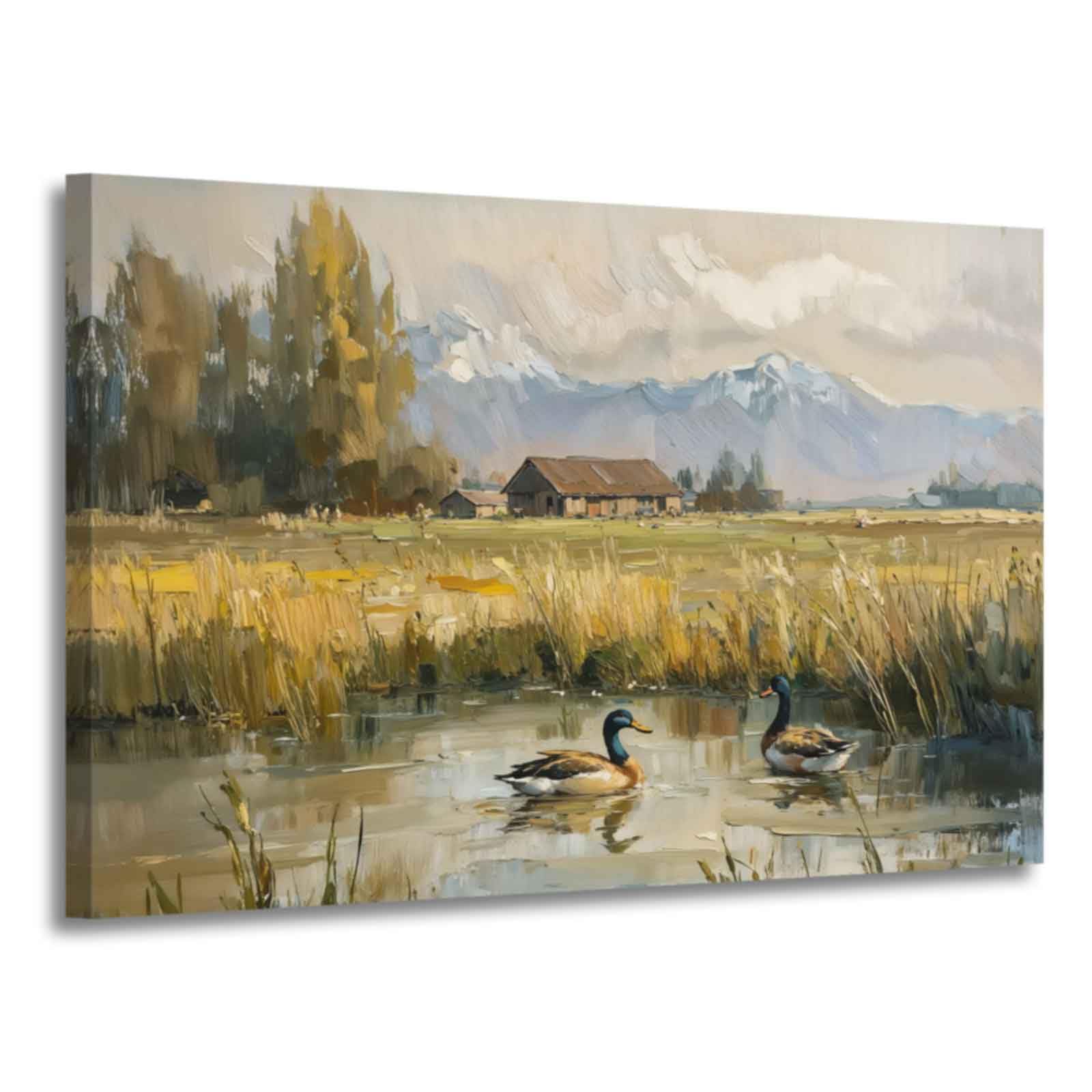XLMDYYSW Vintage Duck Wall Art Farmhouse Mallard Duck Lake Picture Reed Scenery Canvas Print Rustic Animal Painting Living Room Bedroom Bathroom Decor