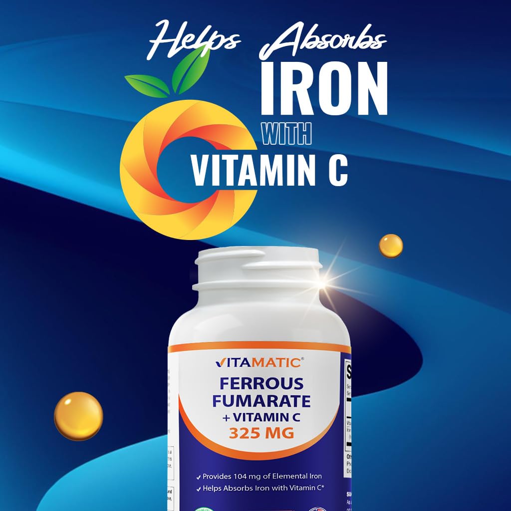 Vitamatic Ferrous Fumarate 325 mg + Vitamin C 100 mg (104 mg Elemental Iron) – High Potency Iron Supplement – Gentle on Stomach, 120 Coated Tablets, Made in USA — Amazon image 6