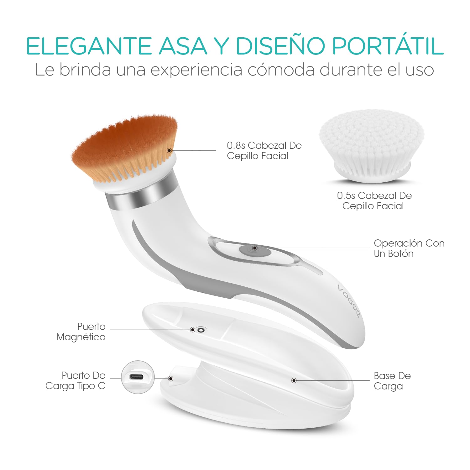 VOGOE Cepillo Limpiador Facial Eléctrico, Recargable Limpieza Facial Impermeable IPX6, Giratoria Maquina Cepillo Faciales con 2 Cepillos y 2 Velocidades para Exfoliante y Masaje FB210 (Gris)