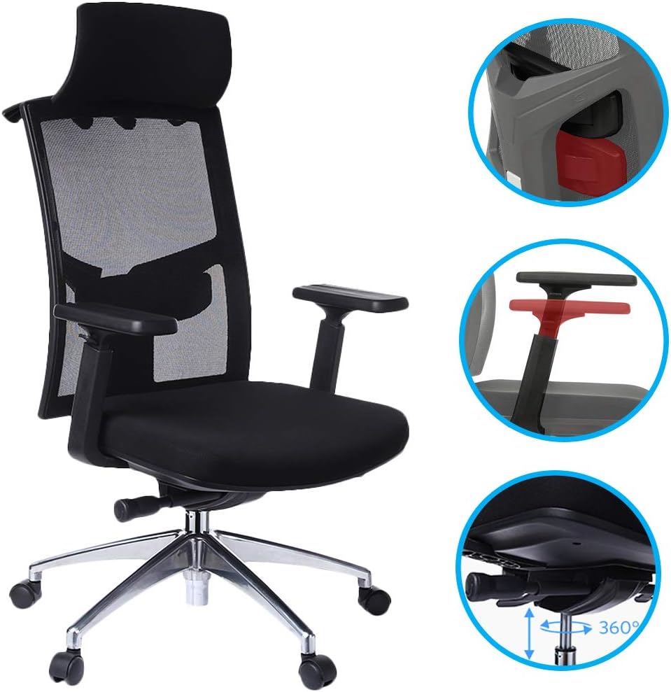 Highback Mesh Office Chair with Adjustable Armrest Lumbar Support Headrest, Ergonomic Swivel Desk Chair for Office Guest Reception/Conference Room