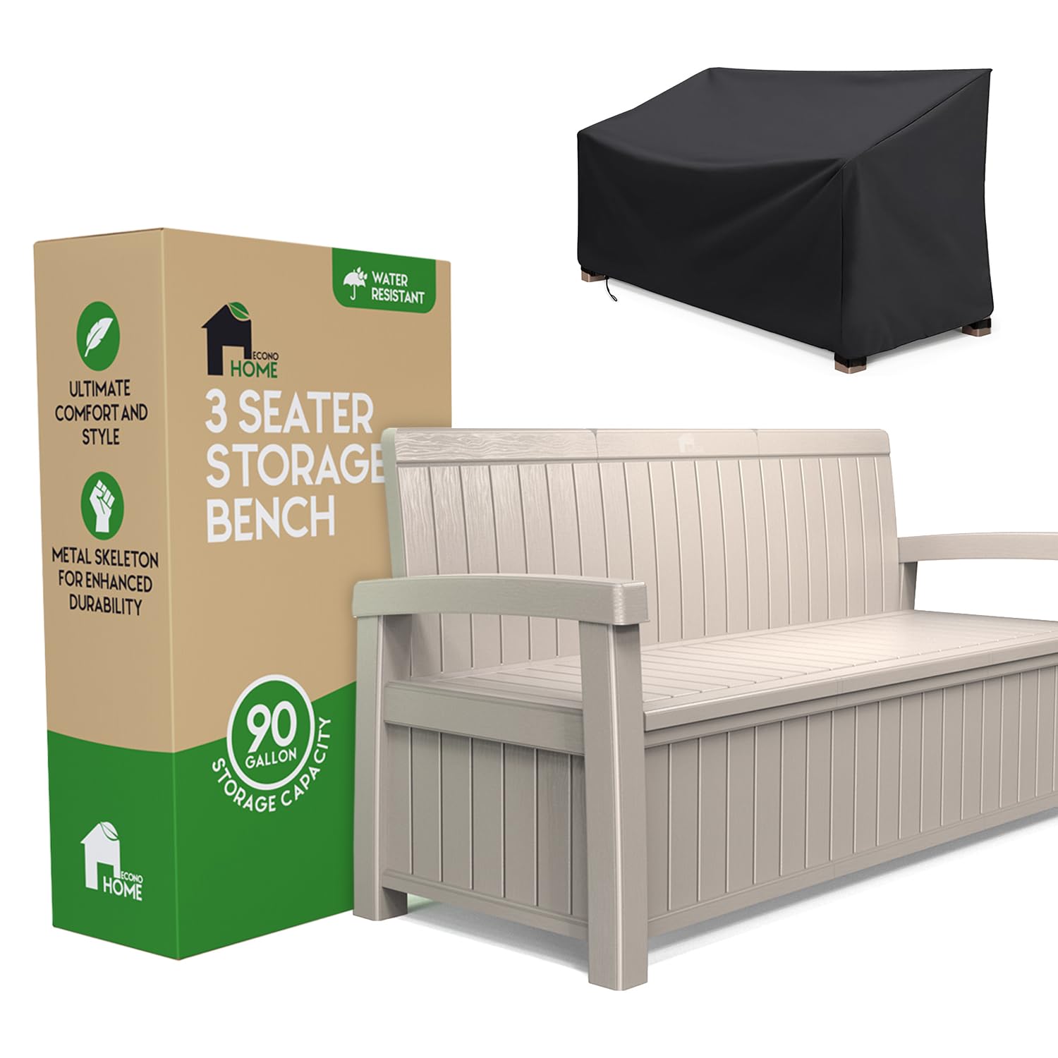 EconoHome 3 Seat Outdoor Storage Bench with Rain Cover - 90 Gallon Capacity - Weatherproof Resin Bench for Patio, Porch, Garden, Yard, Pool Area -