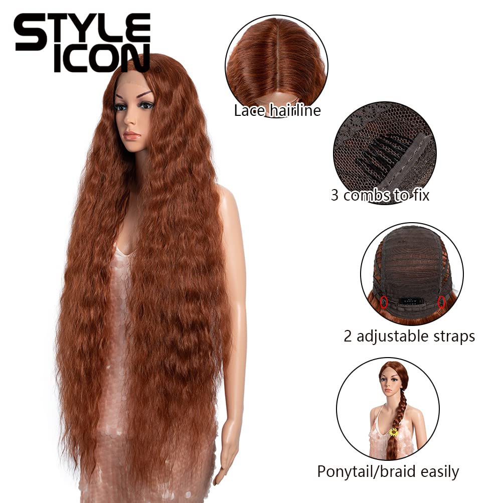 Style Icon 102 cm, super długa, kręcona, koronkowa peruka dla kobiet, T-Part z dzieckiem, syntetyczne włókna odporne na wysokie temperatury, w stylu boho, falowane (130T)