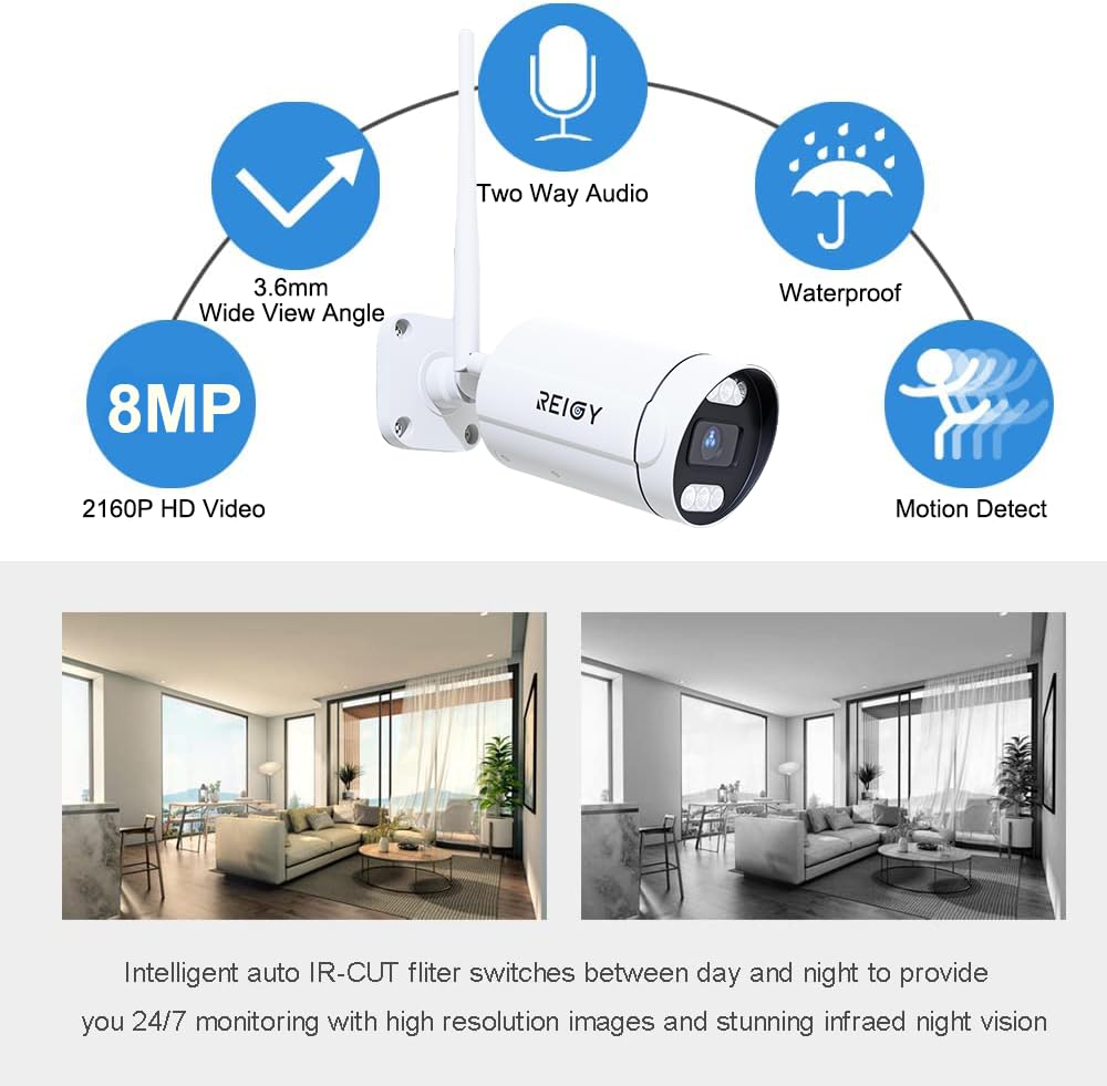 REIGY 8MP Kit Camara de Vigilancia WiFi Exterior con 2TB HDD, 4K Sistema de Seguridad 4X 2160P CAM y 16CH NVR, Visión Nocturna Audio Bidireccional Detección Movimiento IP66 Impermeable