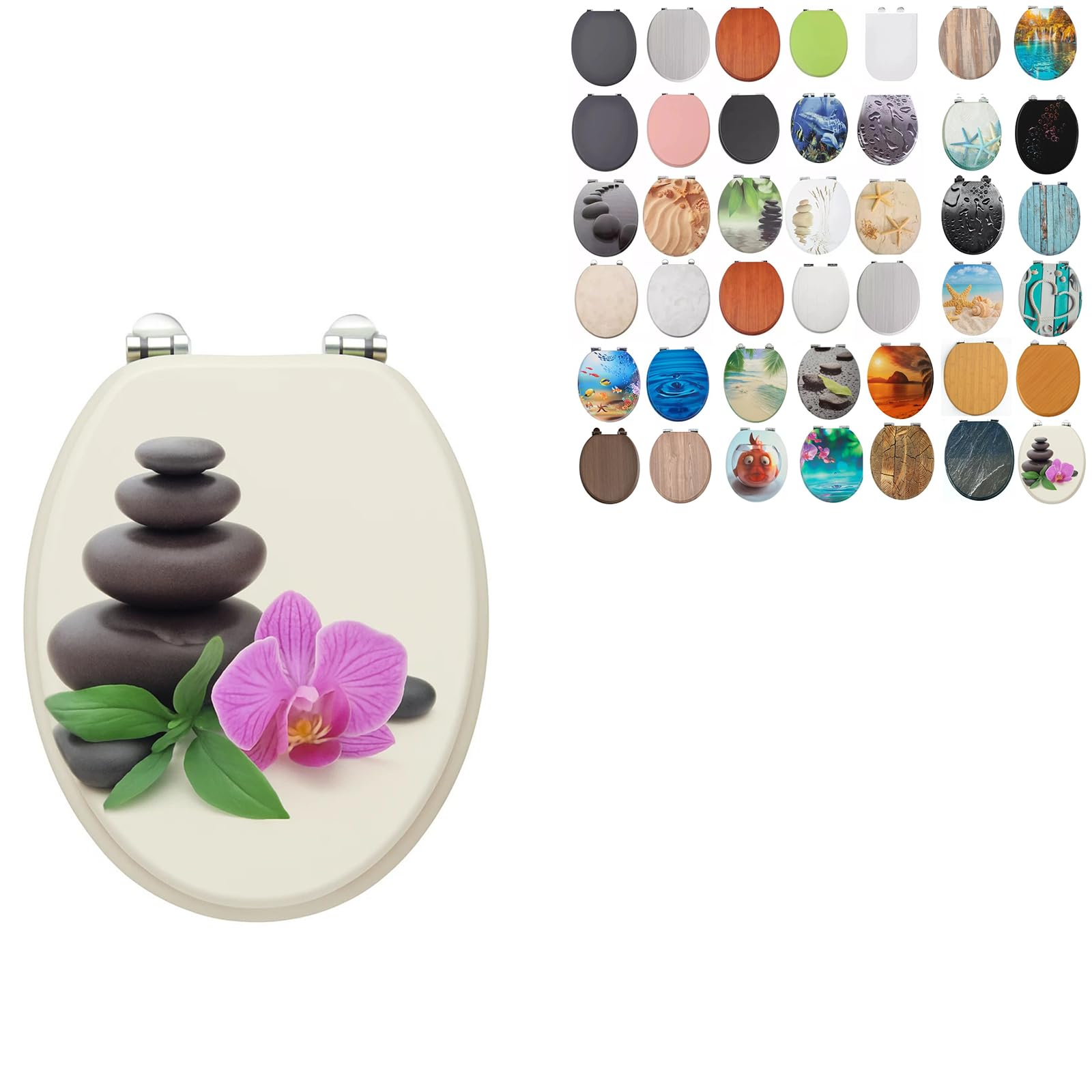 18" Universal MDF WC Toilet Seat – Easy Fit with Strong Zinc Alloy Hinges, Smooth Wipe Surface – Fits All Water Closets (Zen Spa Theme)