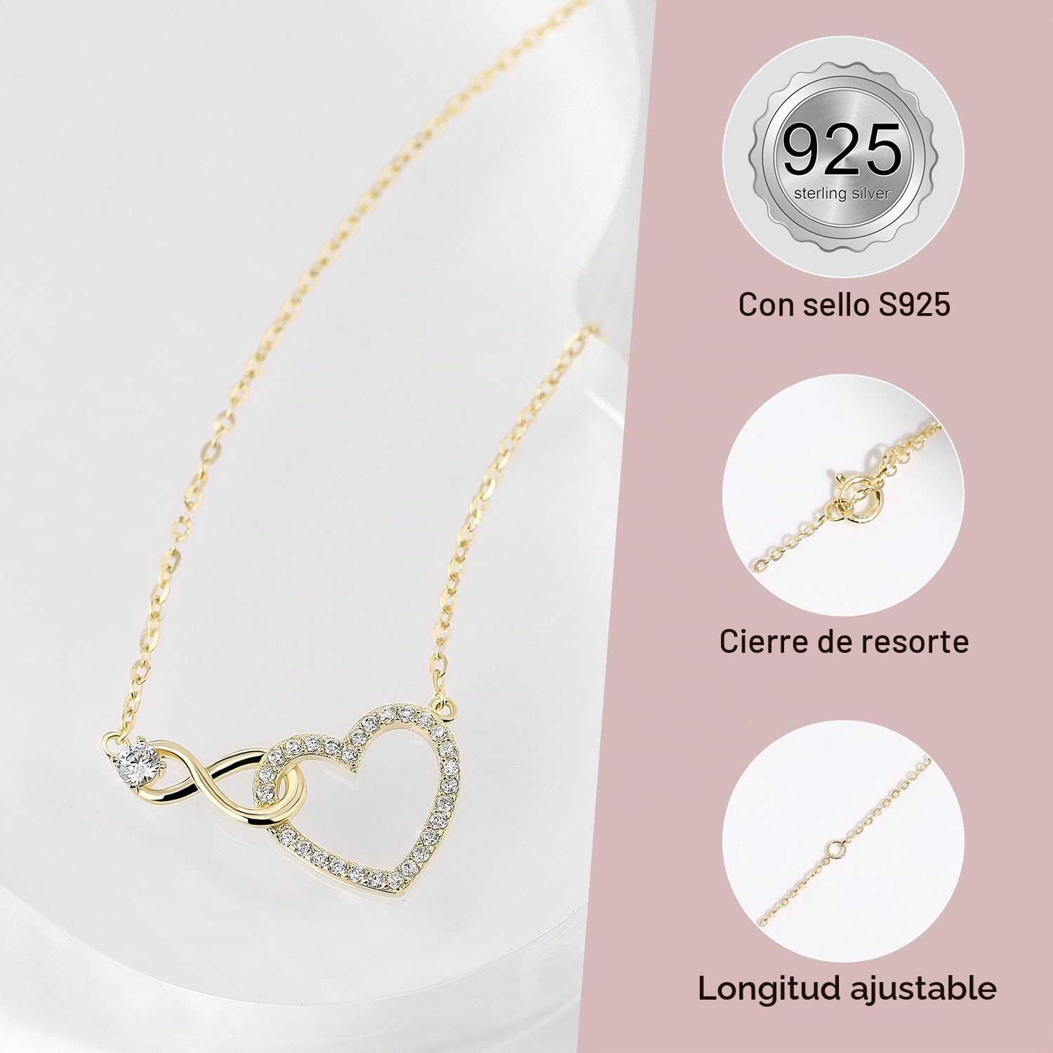 Meissa Collar Plata Mujer Infinito Corazón Gargantilla Collar Dorado Mujer 925 Circonita Punto Collar de Luz Promesa de Regalo (Oro)