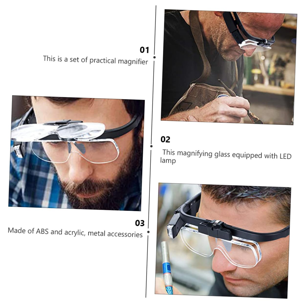 TEHAUX Gafas de Lectura Lupa y Luz LED Recargable, Diseño Ergonómico, Lente Óptica Acrílica y Accesorios Metálicos para Trabajo de Precisión y Lectura