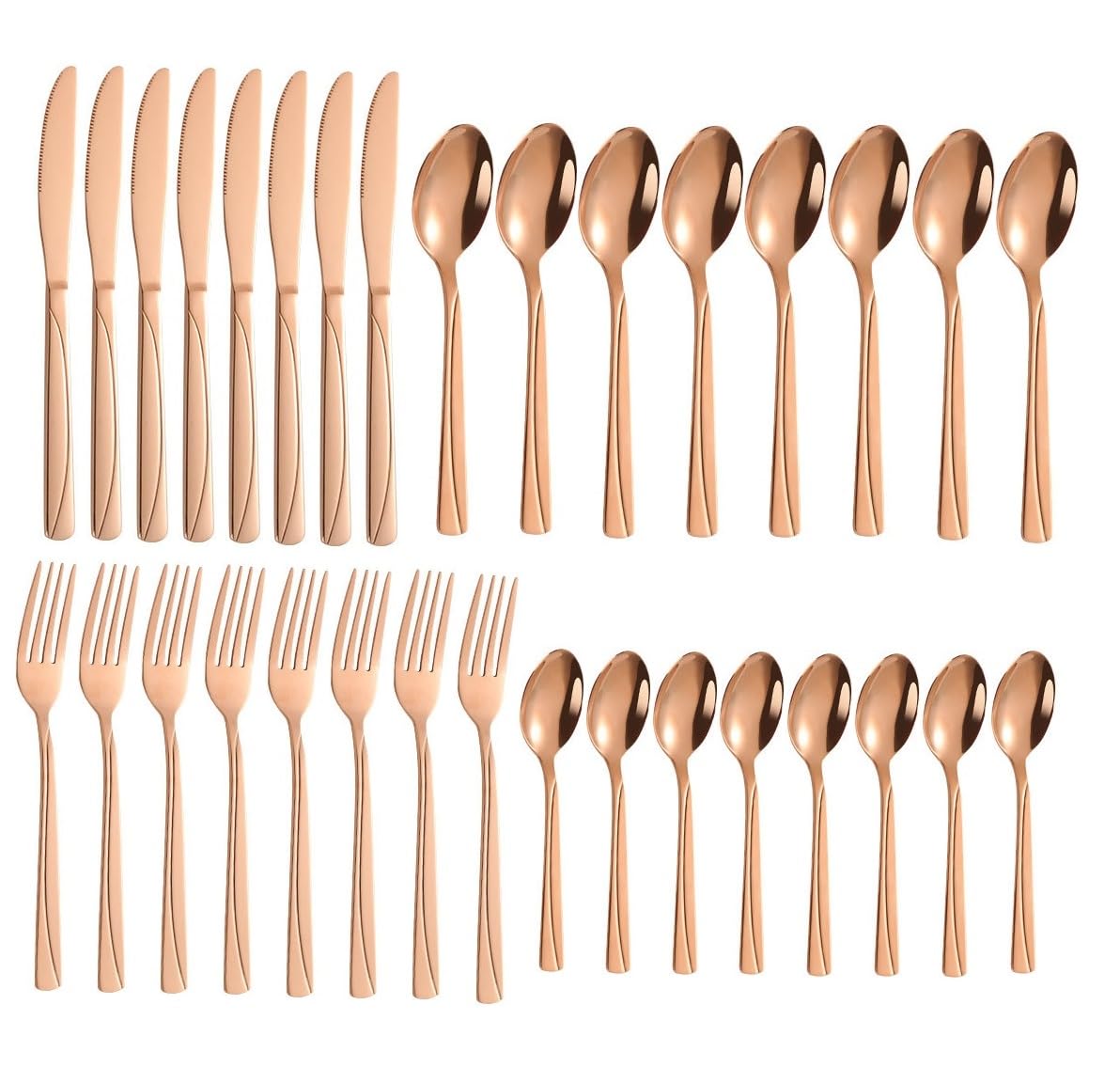 ANH MART Mirror Finish Rose Gold Plated Stainless Steel Flatware Set Copper Silverware Set Rose Gold Spoon Color Cutlery Set [Dinner Fork-Tea Spoon-Salad Spoon-Knife] Set of (Rose Gold LINEING, 32)